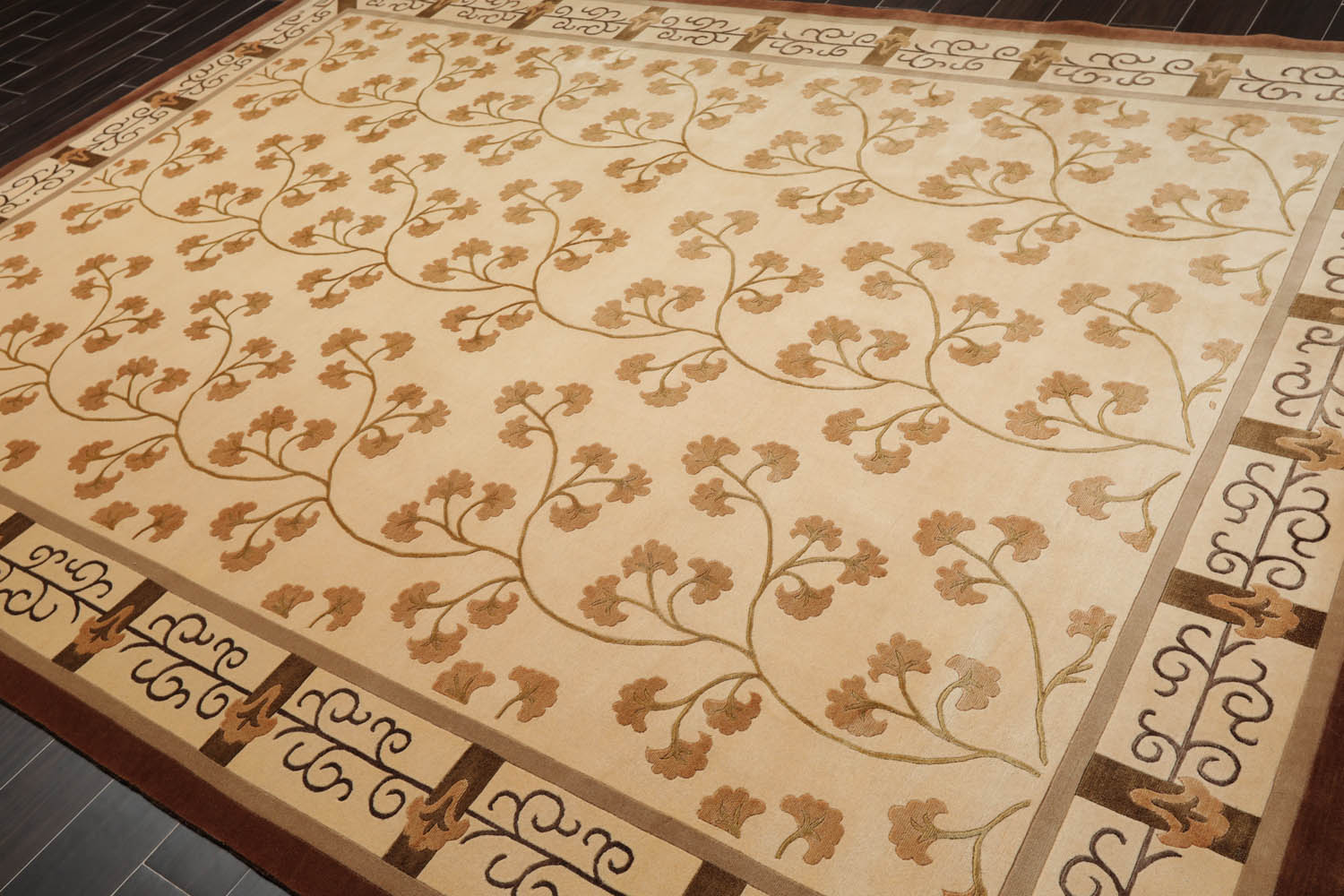 8x10 Beige, Brown, Caramel Color Hand Knotted All-Over Wool & Silk Transitional Oriental Rug