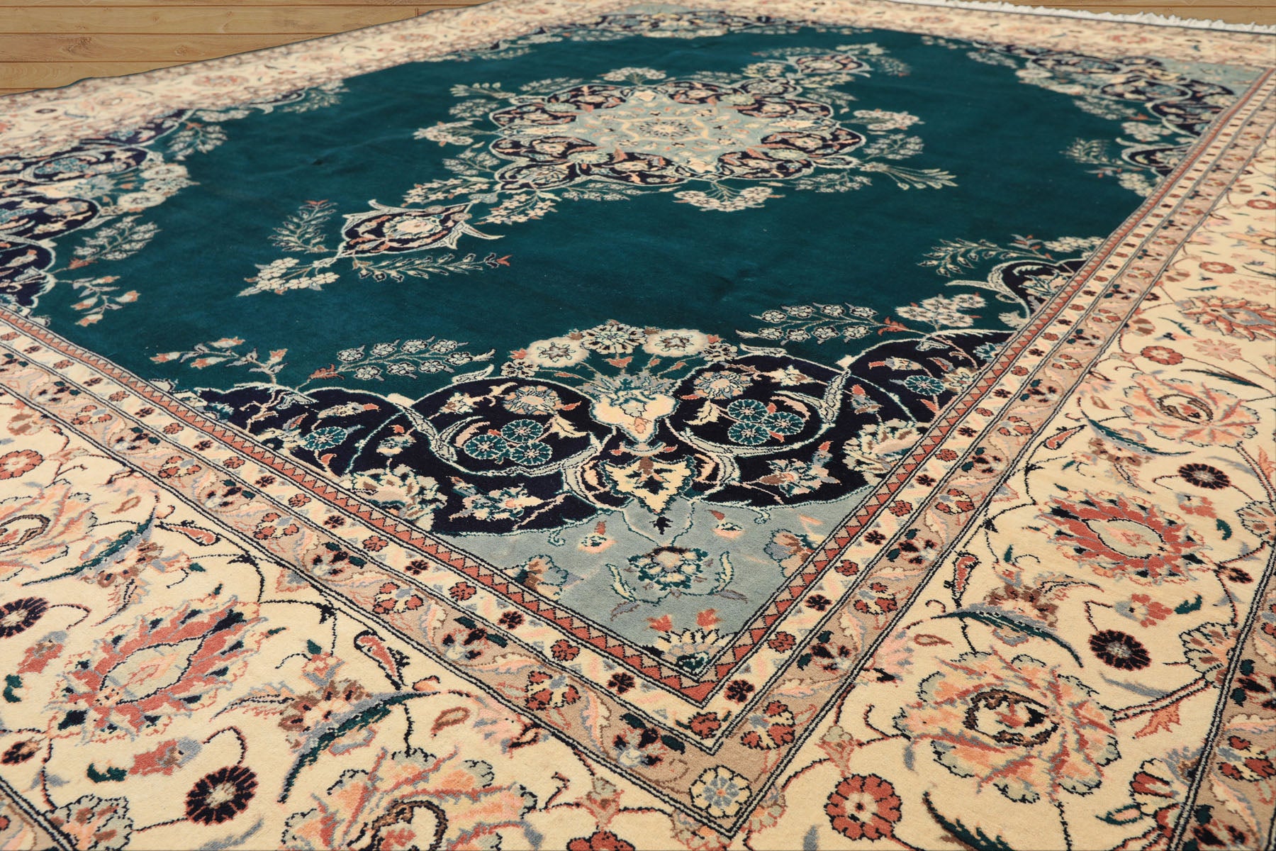 8x10 Teal, Ivory, Navy Color Hand Knotted Pak Persian New Zealand Wool Traditional Oriental Rug
