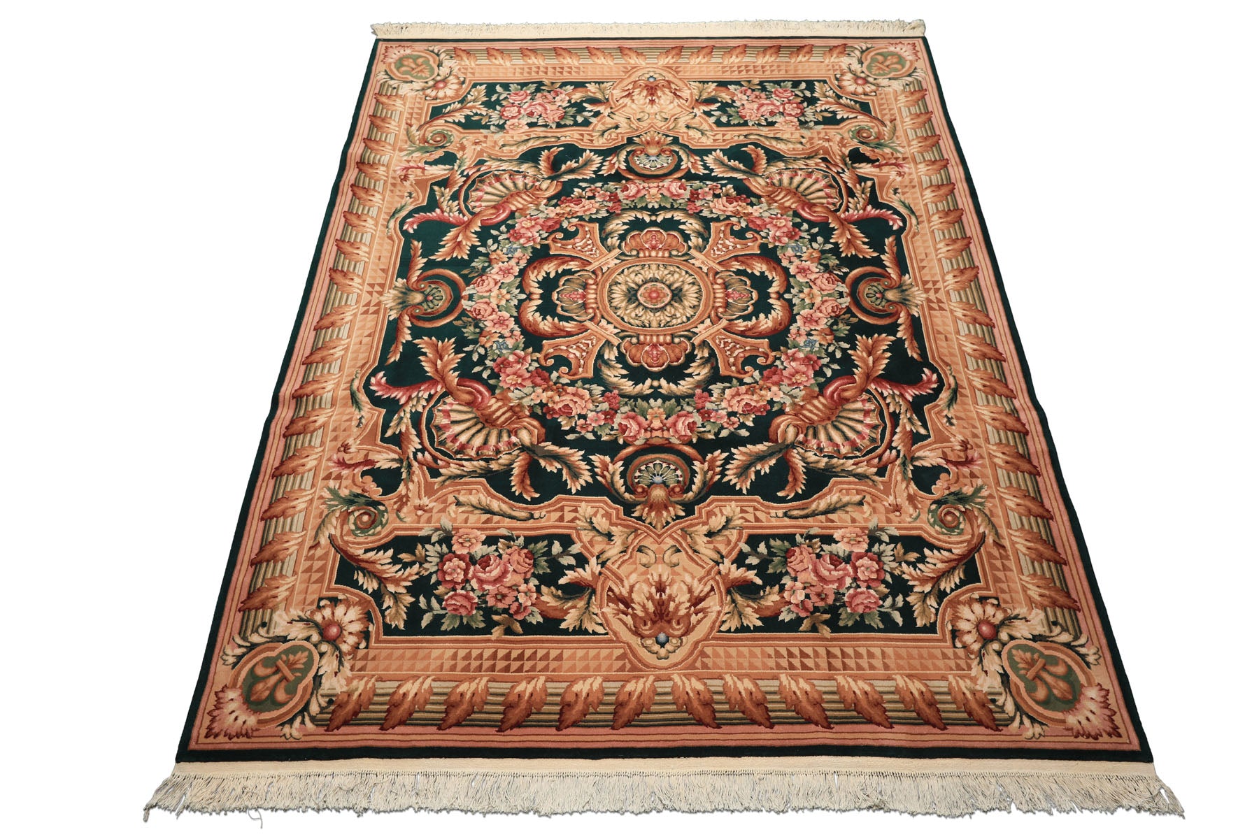 8x10 Emerald, Tan, Brown Color Hand Knotted French Aubusson Savonerrie Wool Traditional Oriental Rug