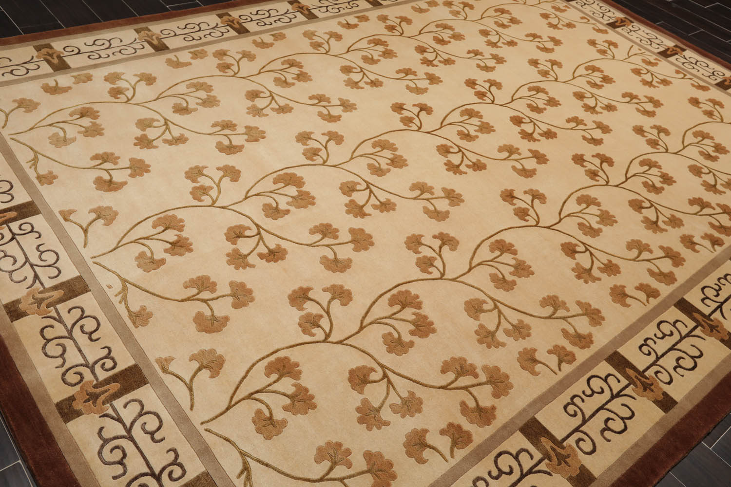8x10 Beige, Brown, Caramel Color Hand Knotted All-Over Wool & Silk Transitional Oriental Rug