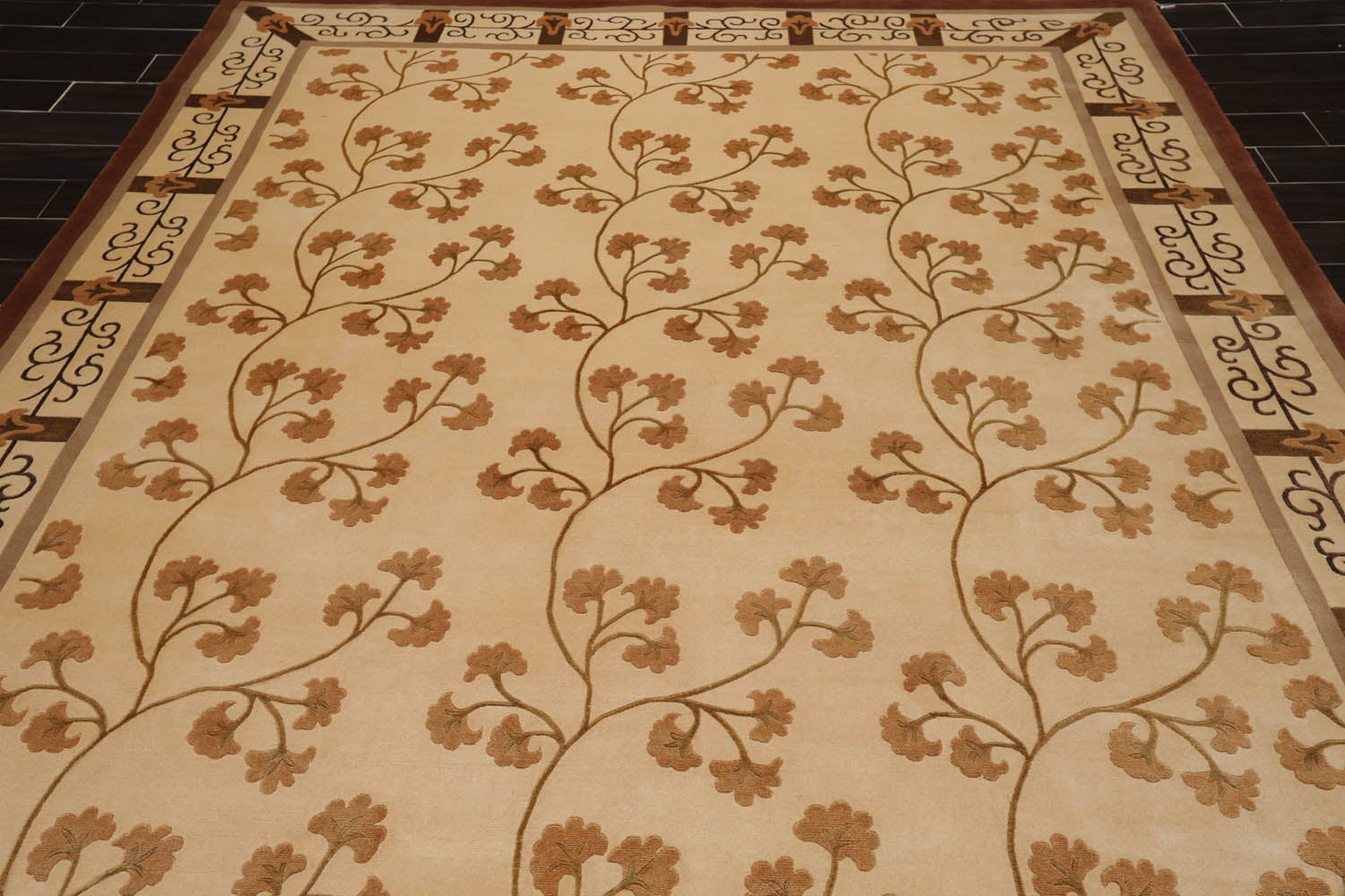 8x10 Beige, Brown, Caramel Color Hand Knotted All-Over Wool & Silk Transitional Oriental Rug