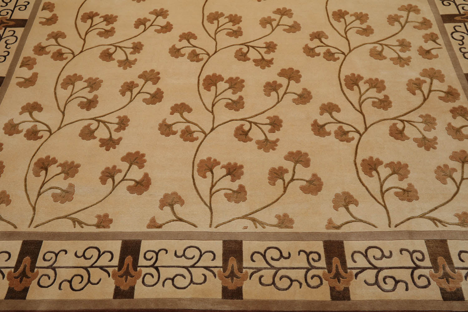 8x10 Beige, Brown, Caramel Color Hand Knotted All-Over Wool & Silk Transitional Oriental Rug