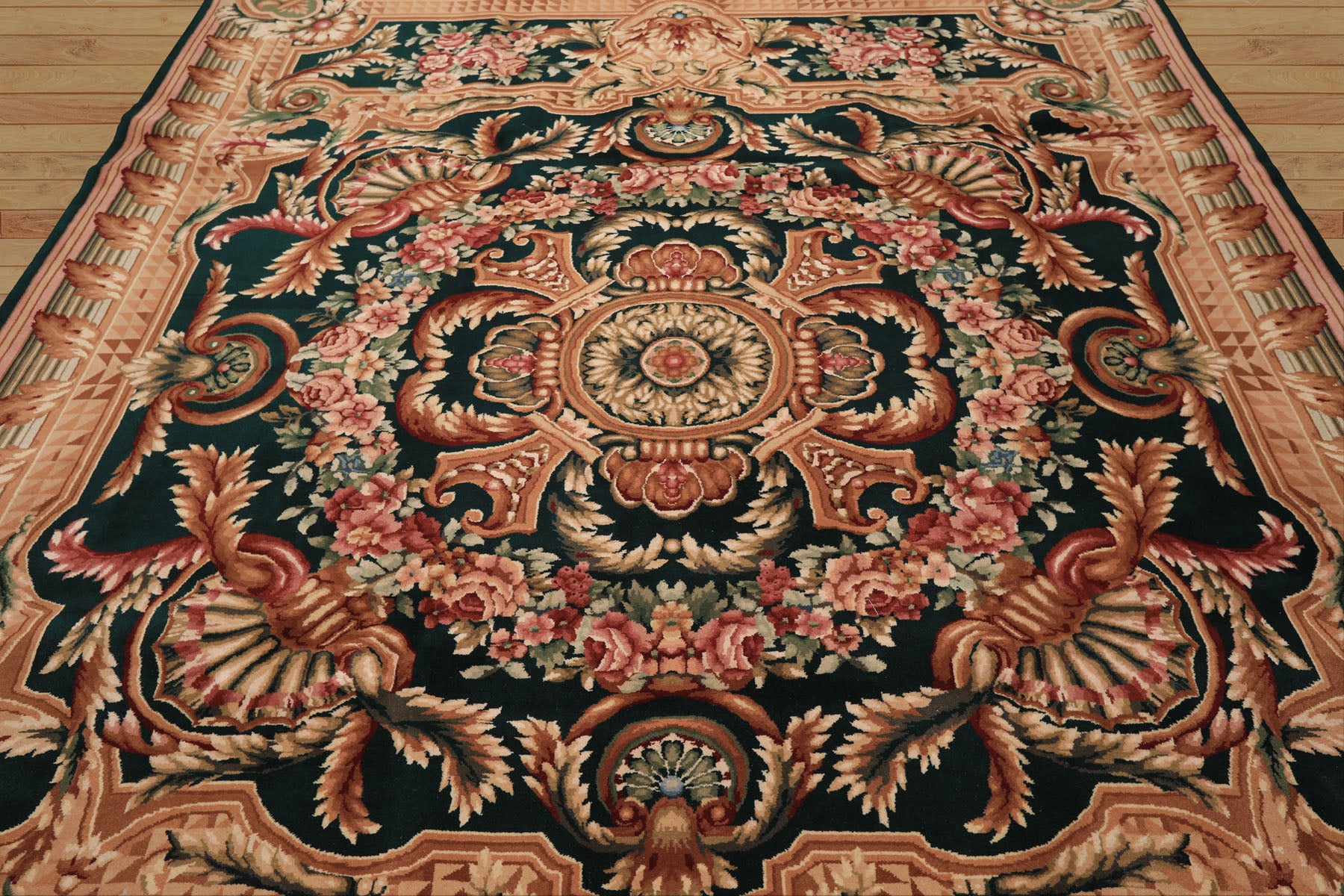 8x10 Emerald, Tan, Brown Color Hand Knotted French Aubusson Savonerrie Wool Traditional Oriental Rug