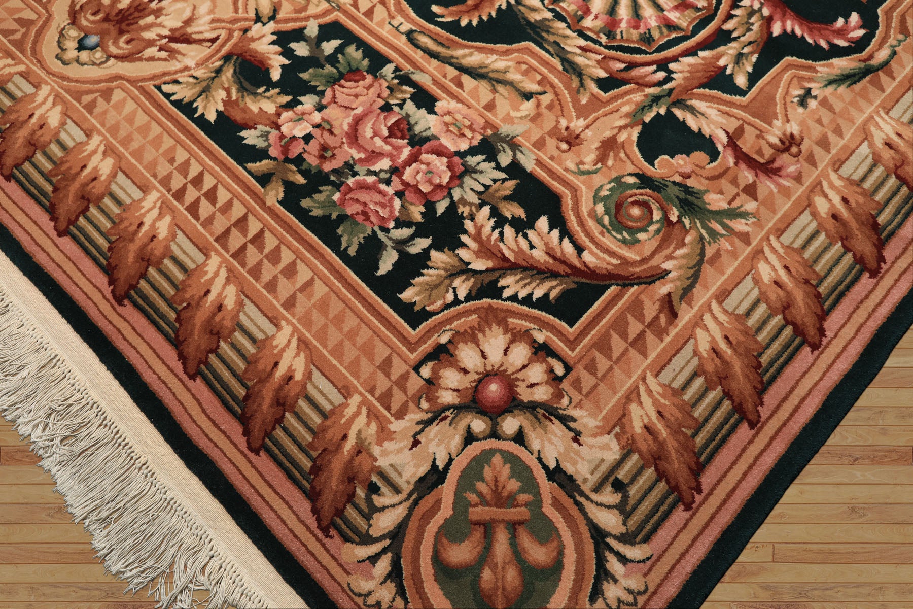 8x10 Emerald, Tan, Brown Color Hand Knotted French Aubusson Savonerrie Wool Traditional Oriental Rug