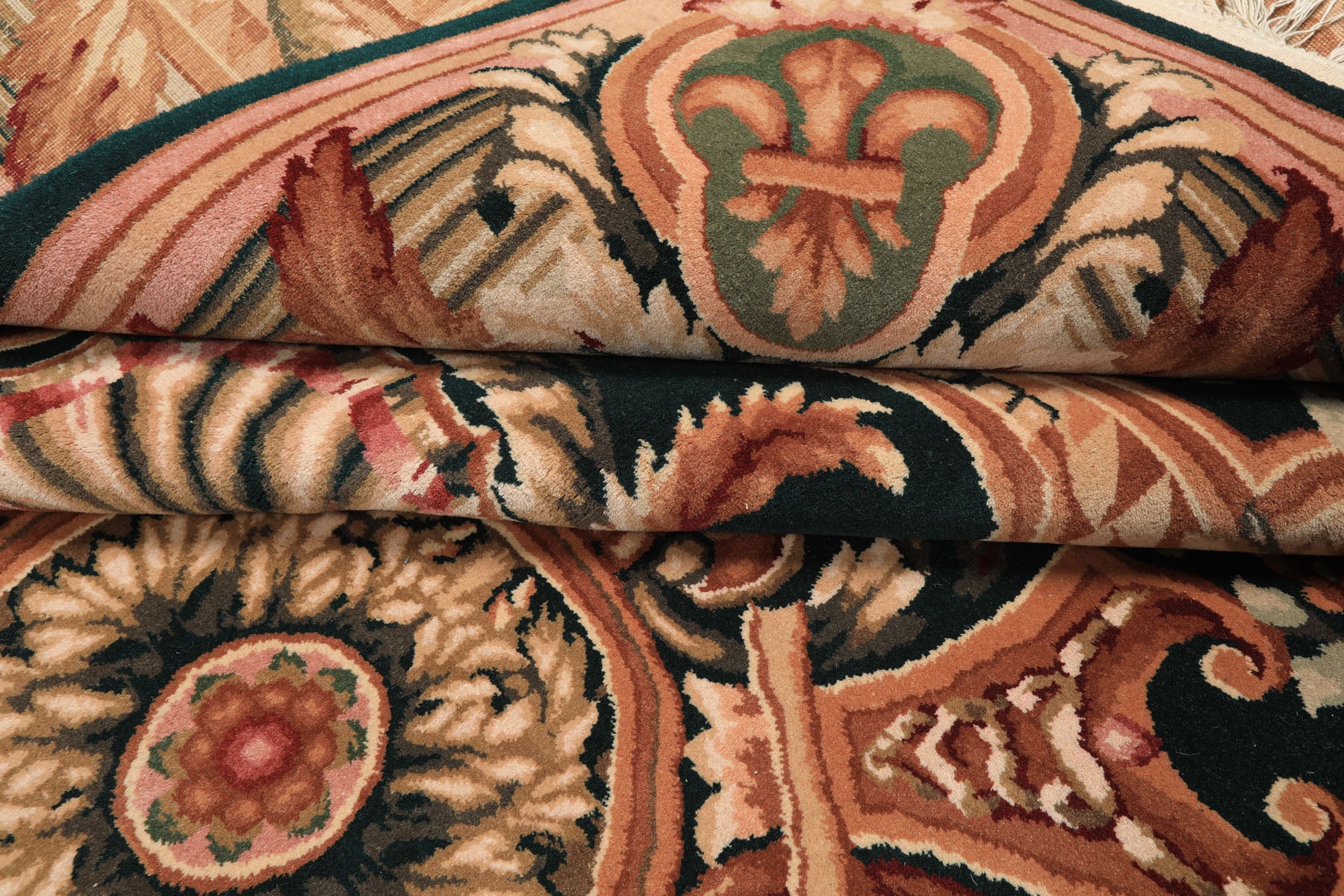 8x10 Emerald, Tan, Brown Color Hand Knotted French Aubusson Savonerrie Wool Traditional Oriental Rug