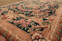 8x10 Emerald, Tan, Brown Color Hand Knotted French Aubusson Savonerrie Wool Traditional Oriental Rug