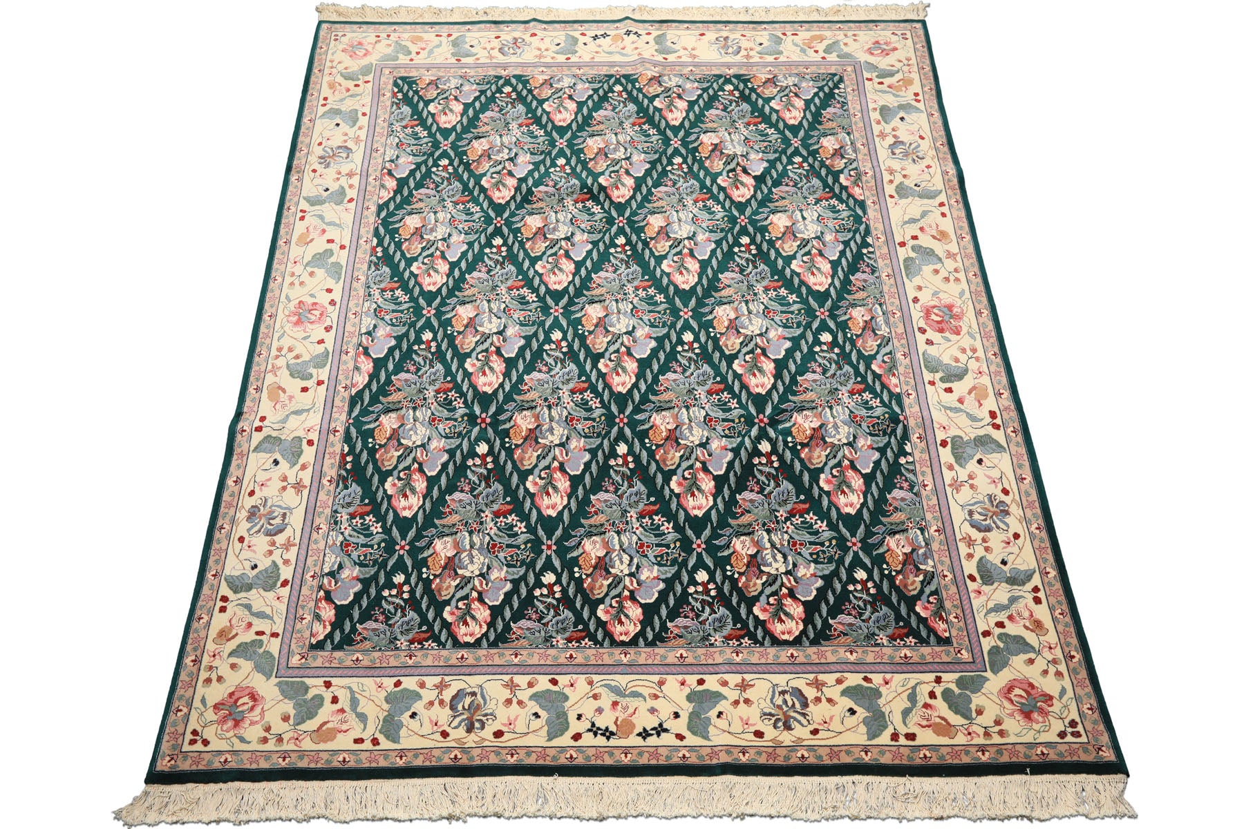 7x8 Emerald, Ivory, Pink Color Hand Knotted Pak Persian New Zealand Wool Traditional Oriental Rug