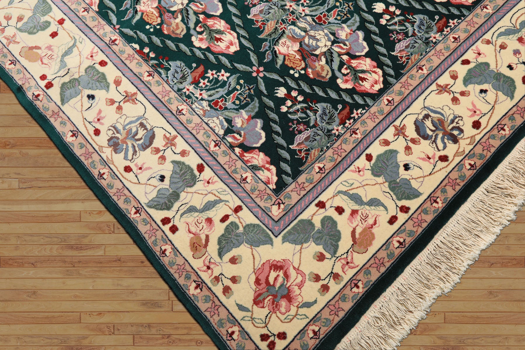 7x8 Emerald, Ivory, Pink Color Hand Knotted Pak Persian New Zealand Wool Traditional Oriental Rug