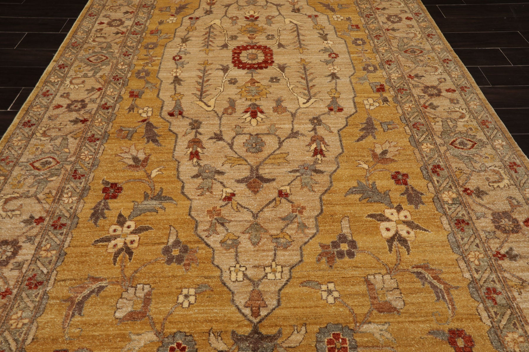 6x17 Gold, Beige, Burnt Orange Color Hand Knotted Peshawar Wool Traditional Oriental Rug