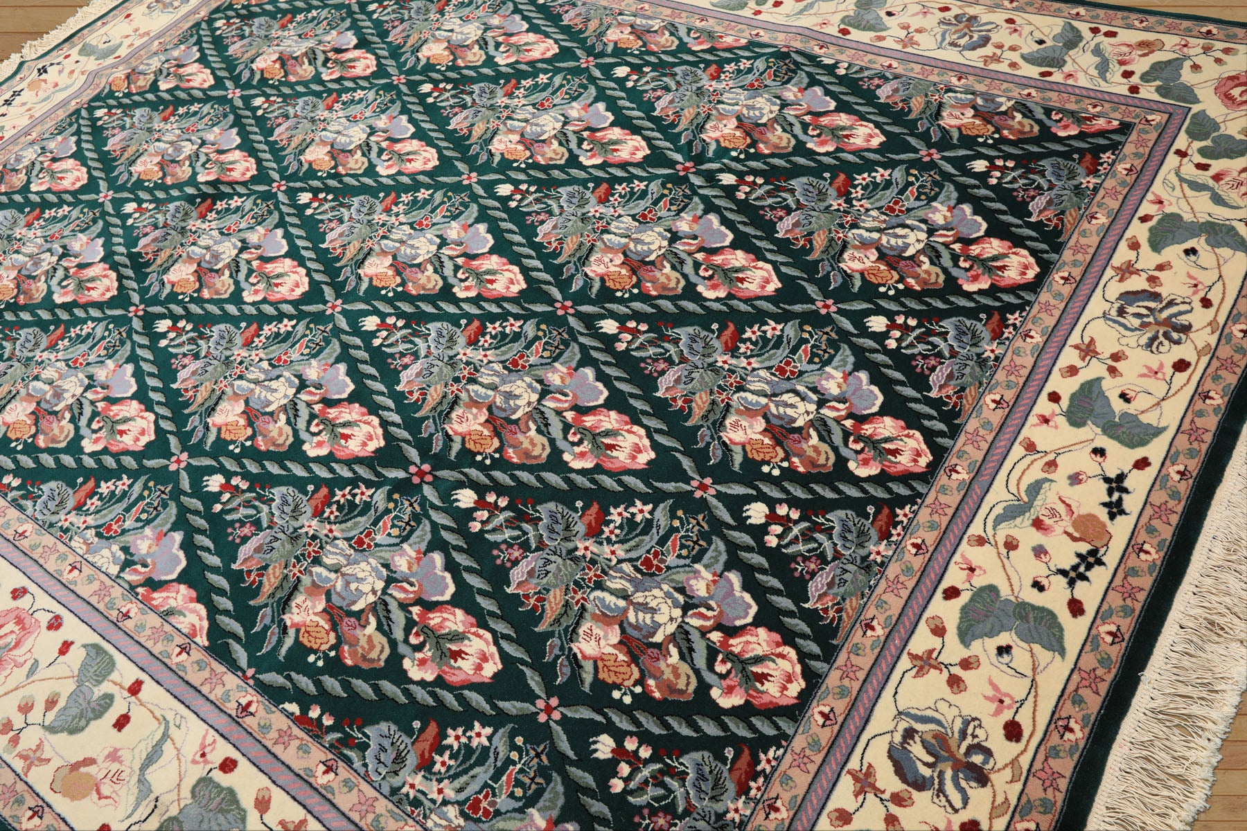 7x8 Emerald, Ivory, Pink Color Hand Knotted Pak Persian New Zealand Wool Traditional Oriental Rug