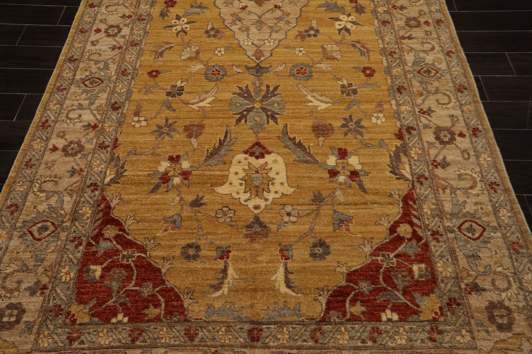 6x17 Gold, Beige, Burnt Orange Color Hand Knotted Peshawar Wool Traditional Oriental Rug