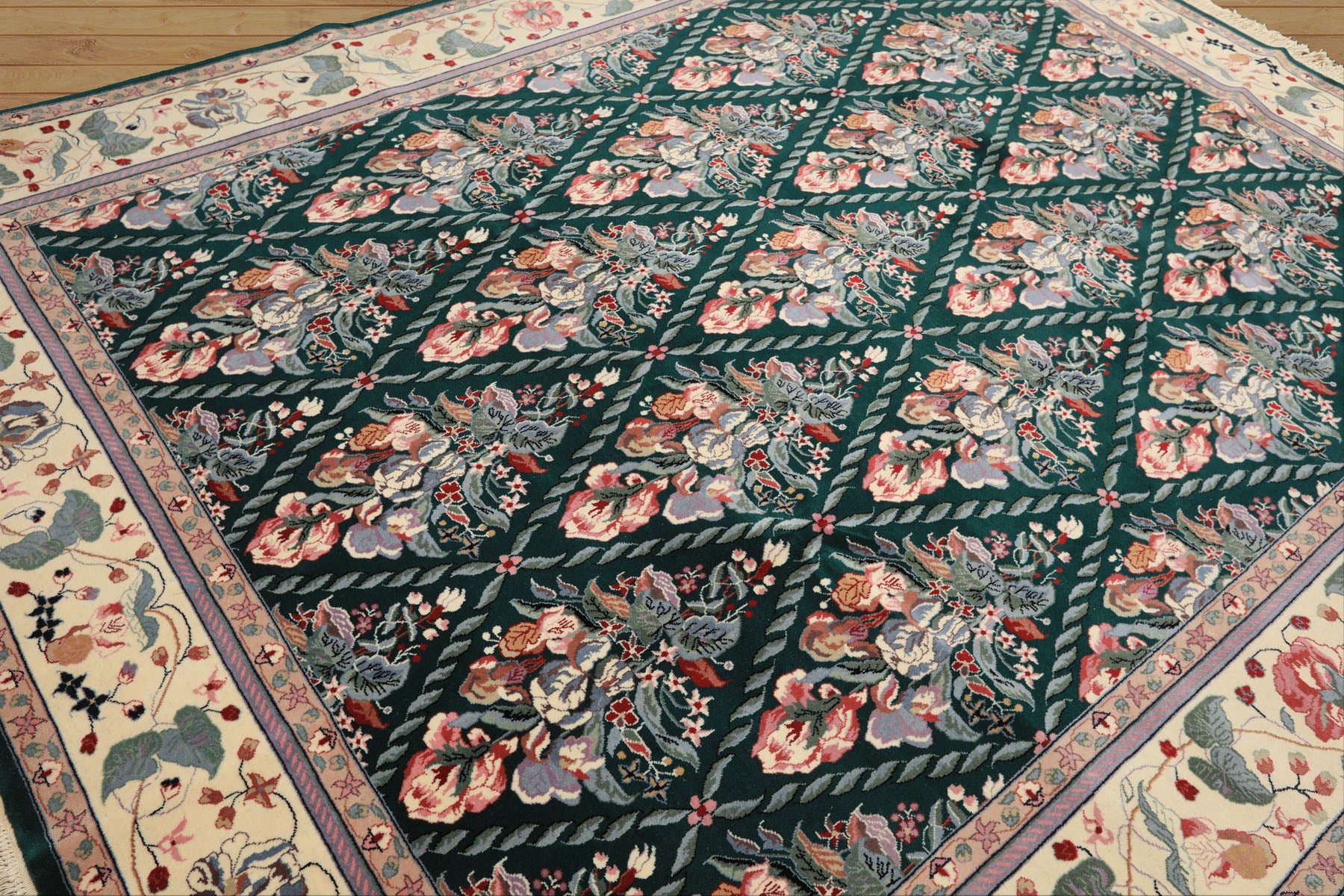 7x8 Emerald, Ivory, Pink Color Hand Knotted Pak Persian New Zealand Wool Traditional Oriental Rug