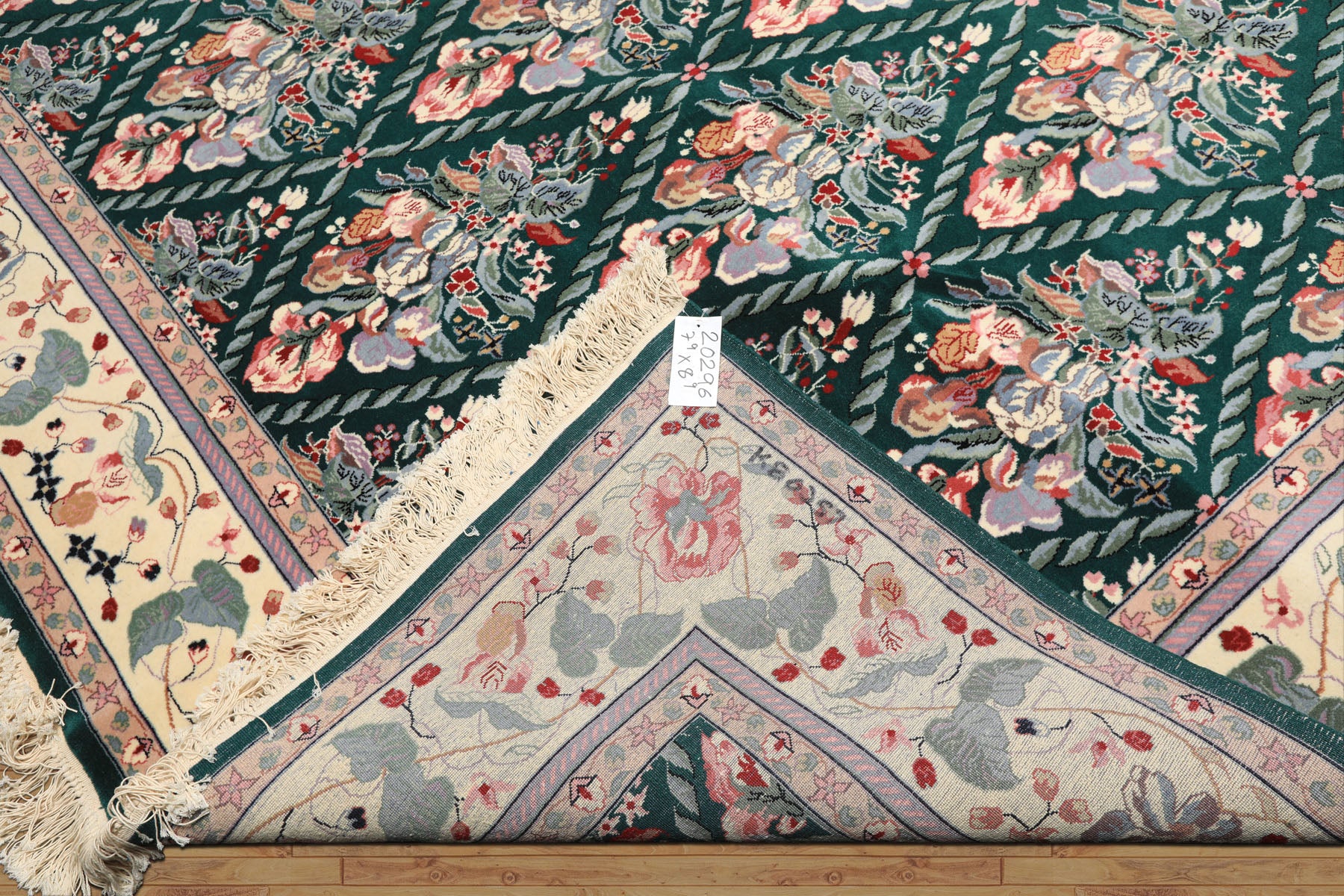 7x8 Emerald, Ivory, Pink Color Hand Knotted Pak Persian New Zealand Wool Traditional Oriental Rug