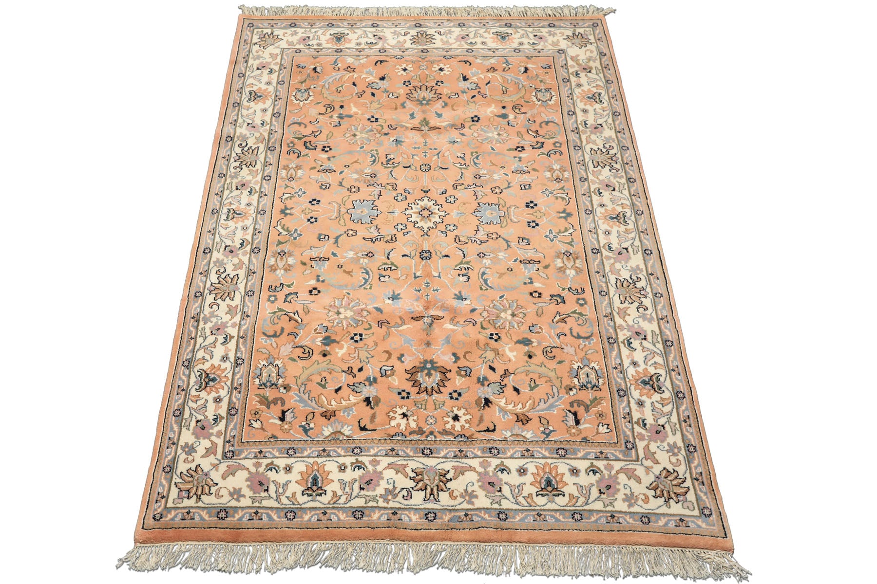 6x9 Peach, Ivory, Blue Color Hand Knotted Indo Kashan Wool Traditional Oriental Rug