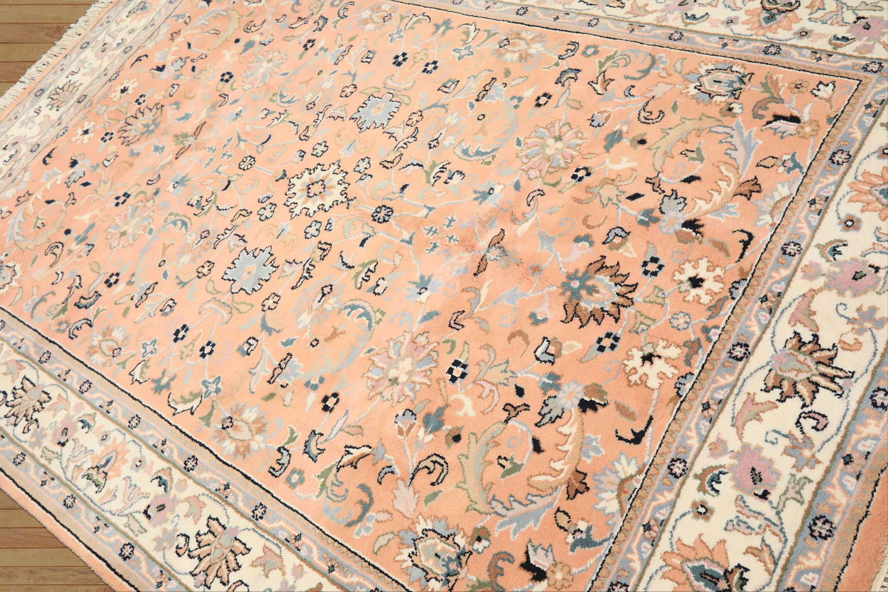 6x9 Peach, Ivory, Blue Color Hand Knotted Indo Kashan Wool Traditional Oriental Rug