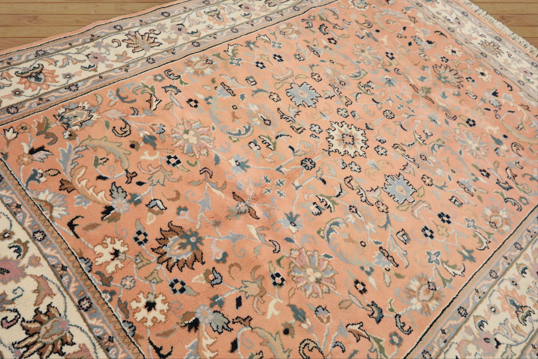 6x9 Peach, Ivory, Blue Color Hand Knotted Indo Kashan Wool Traditional Oriental Rug