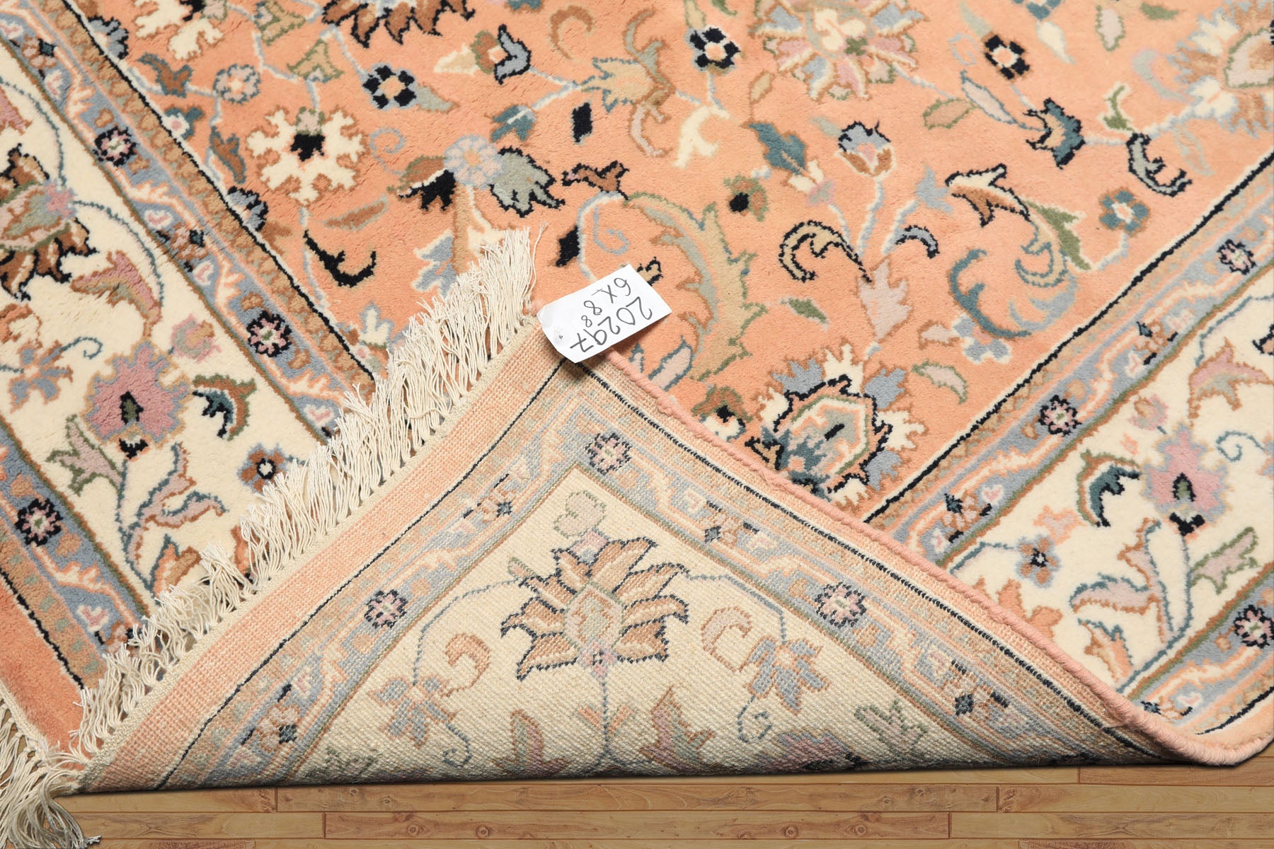 6x9 Peach, Ivory, Blue Color Hand Knotted Indo Kashan Wool Traditional Oriental Rug