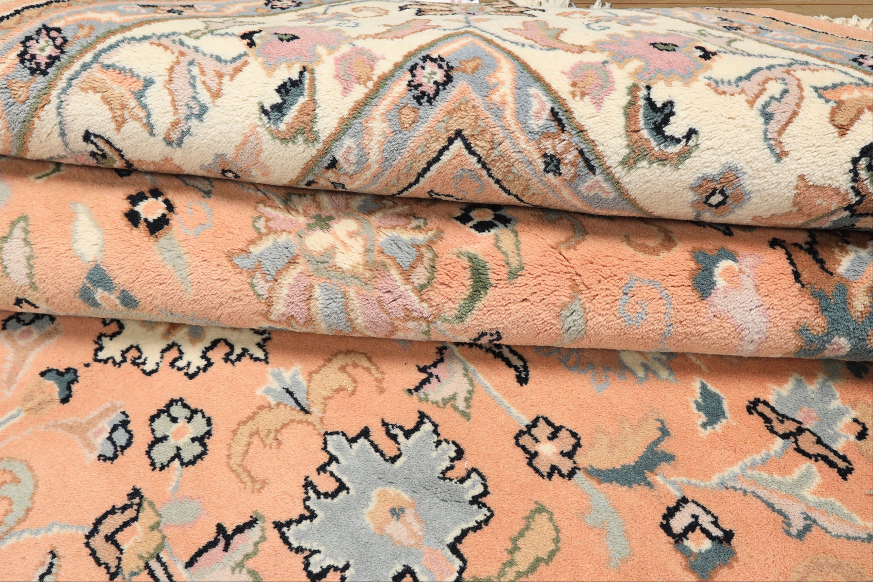 6x9 Peach, Ivory, Blue Color Hand Knotted Indo Kashan Wool Traditional Oriental Rug