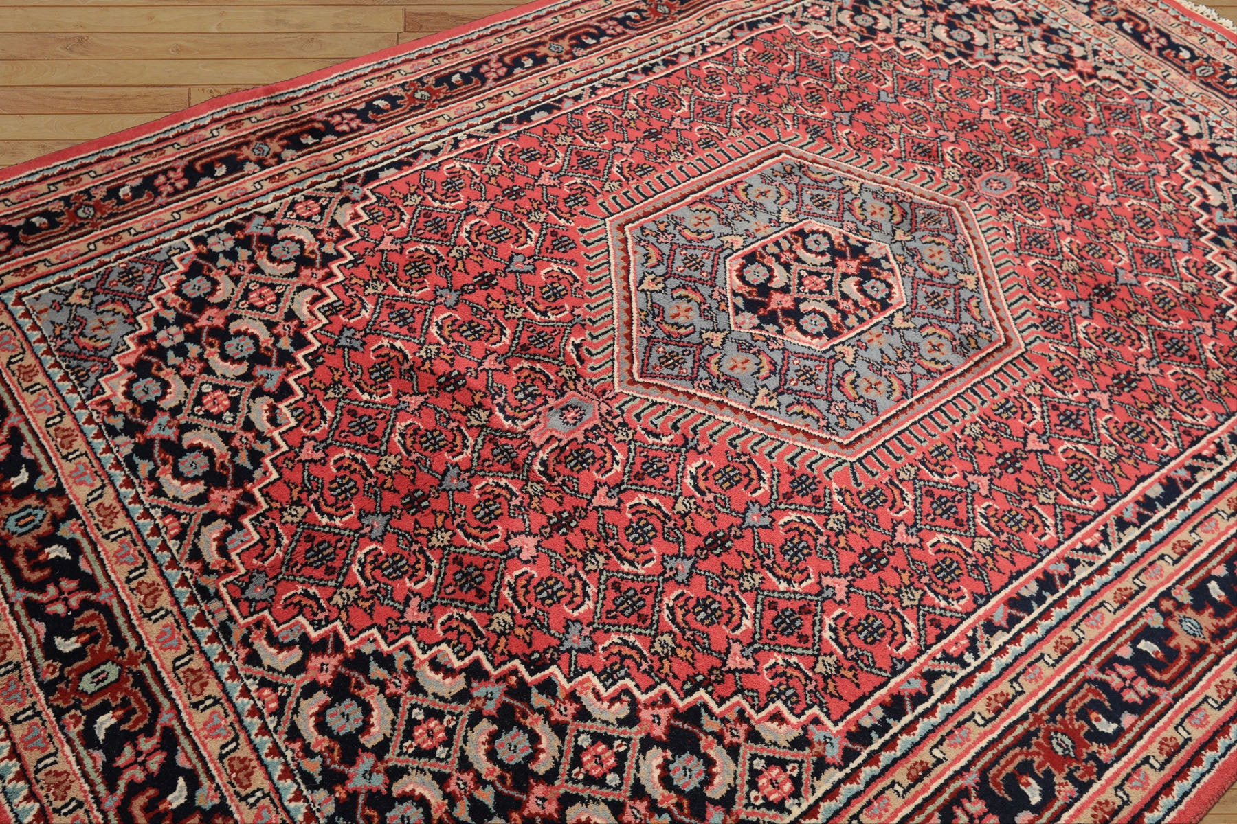 6x9 Rose, Charcoal, Aqua Color Hand Knotted Indo Persian Wool Traditional Oriental Rug