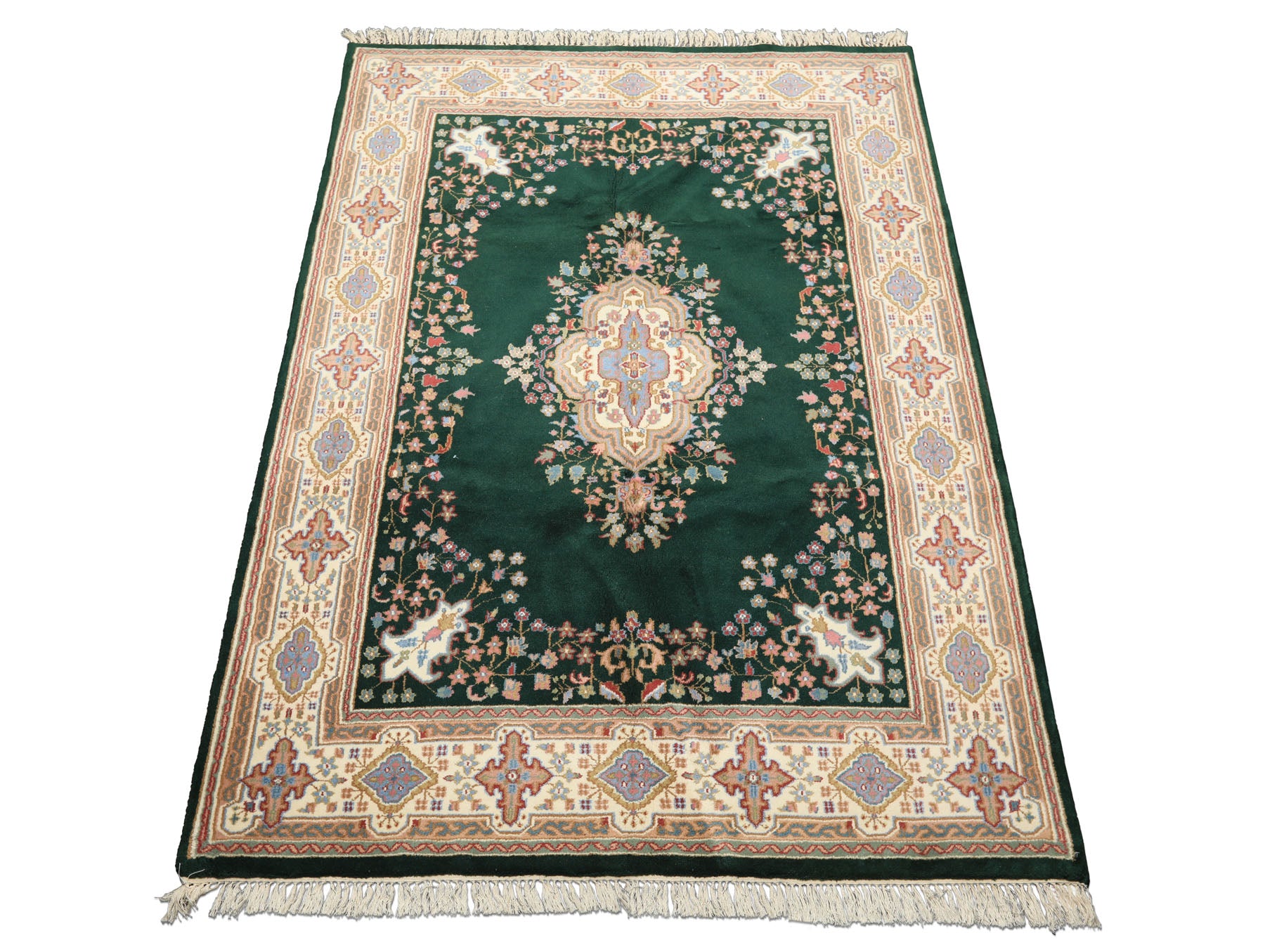 6x9 Green, Ivory, Rose Color Hand Knotted Indo Kerman Wool Traditional Oriental Rug