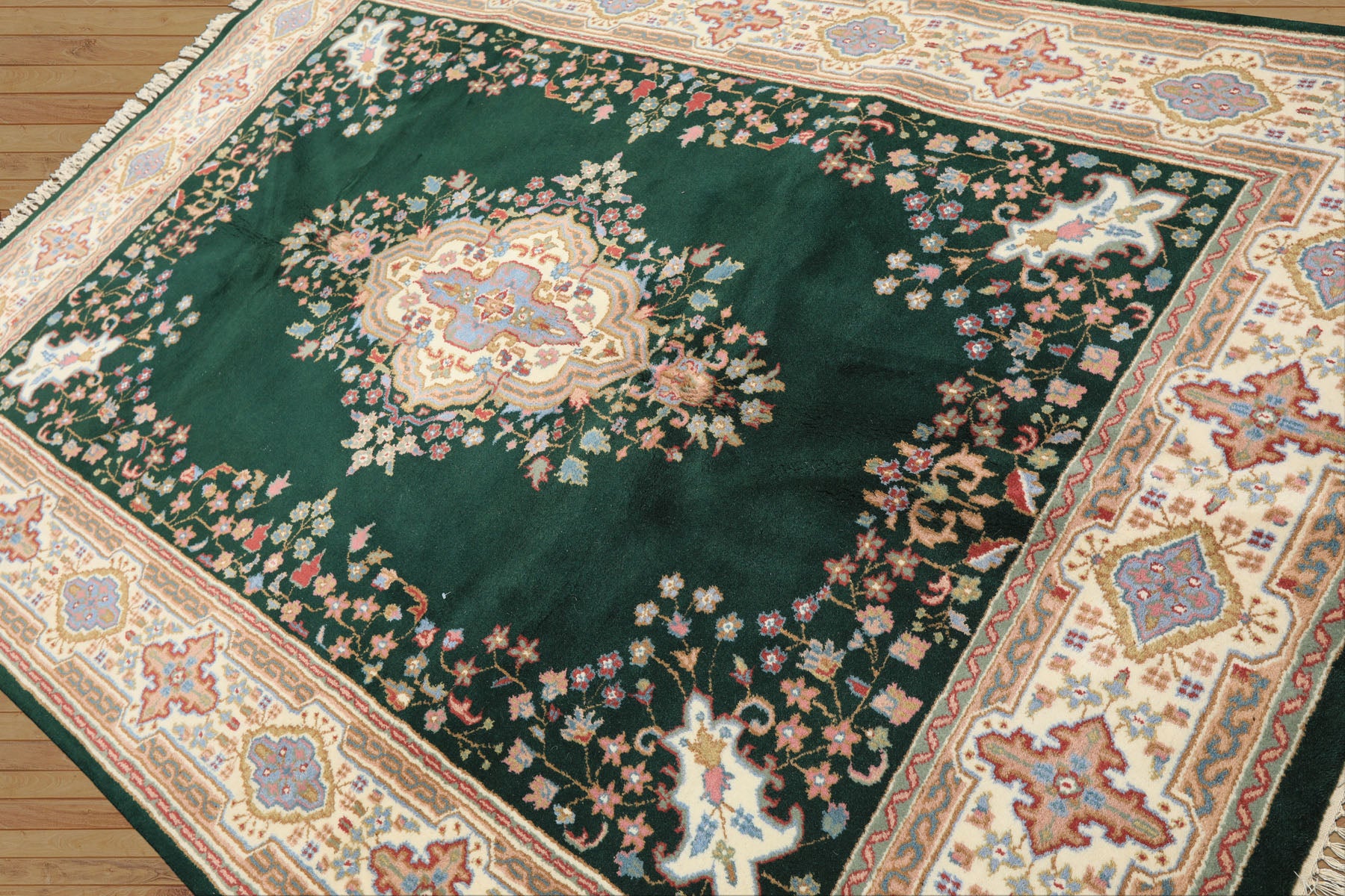 6x9 Green, Ivory, Rose Color Hand Knotted Indo Kerman Wool Traditional Oriental Rug