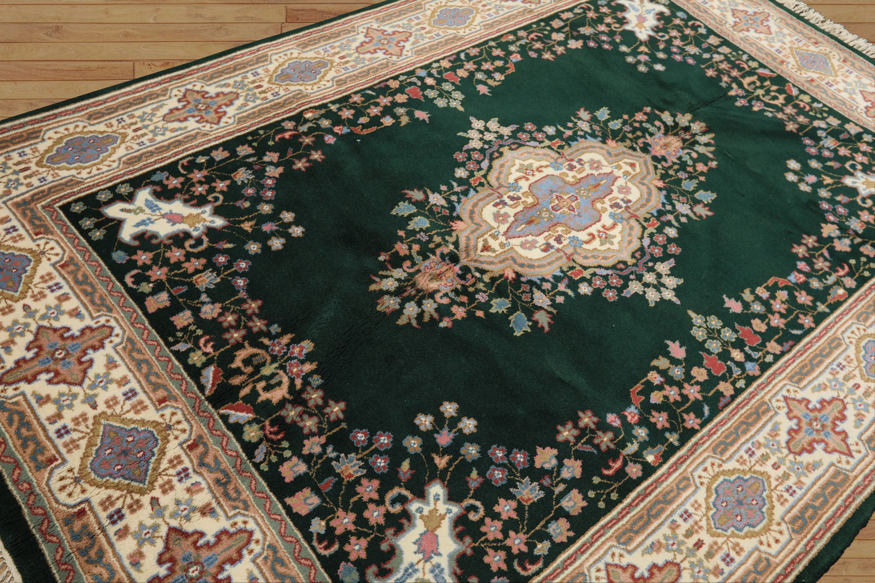 6x9 Green, Ivory, Rose Color Hand Knotted Indo Kerman Wool Traditional Oriental Rug