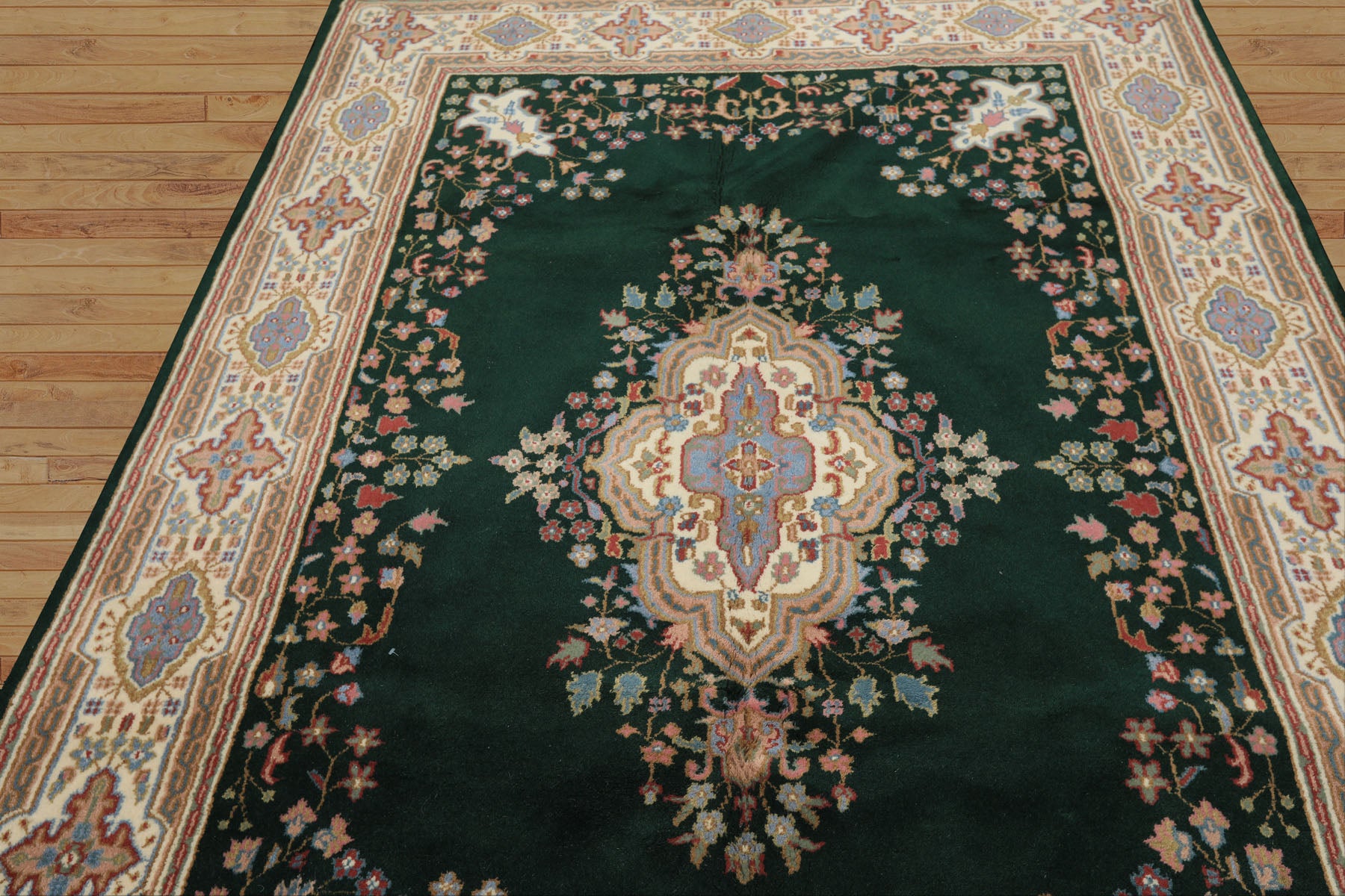 6x9 Green, Ivory, Rose Color Hand Knotted Indo Kerman Wool Traditional Oriental Rug