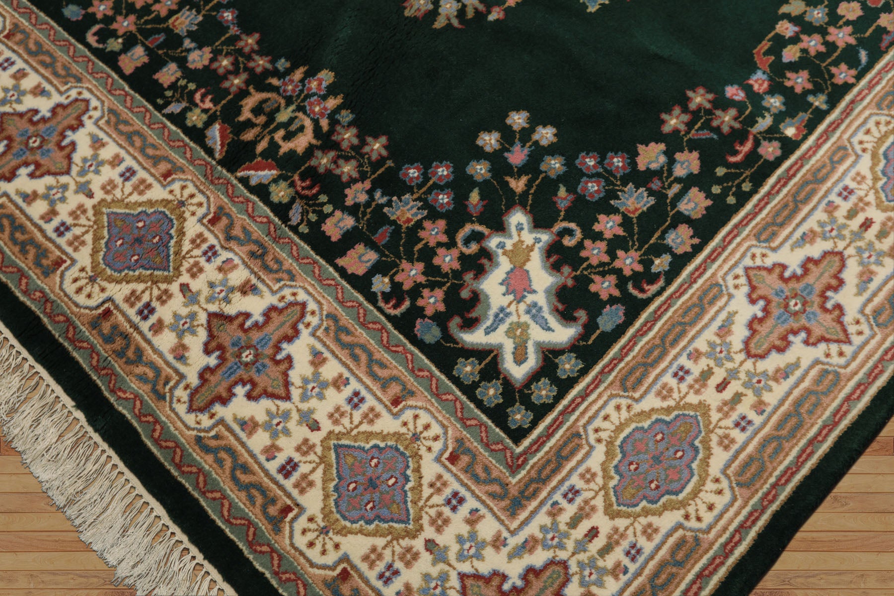 6x9 Green, Ivory, Rose Color Hand Knotted Indo Kerman Wool Traditional Oriental Rug