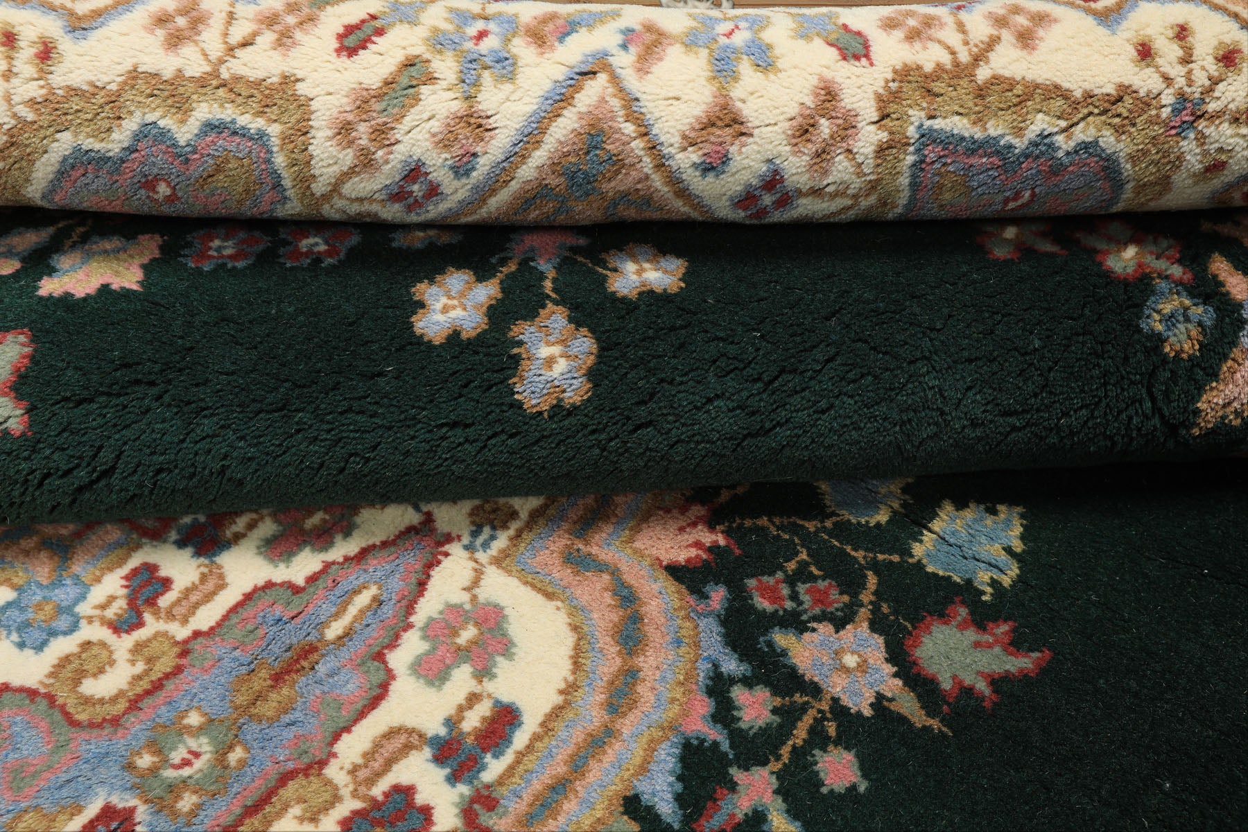 6x9 Green, Ivory, Rose Color Hand Knotted Indo Kerman Wool Traditional Oriental Rug