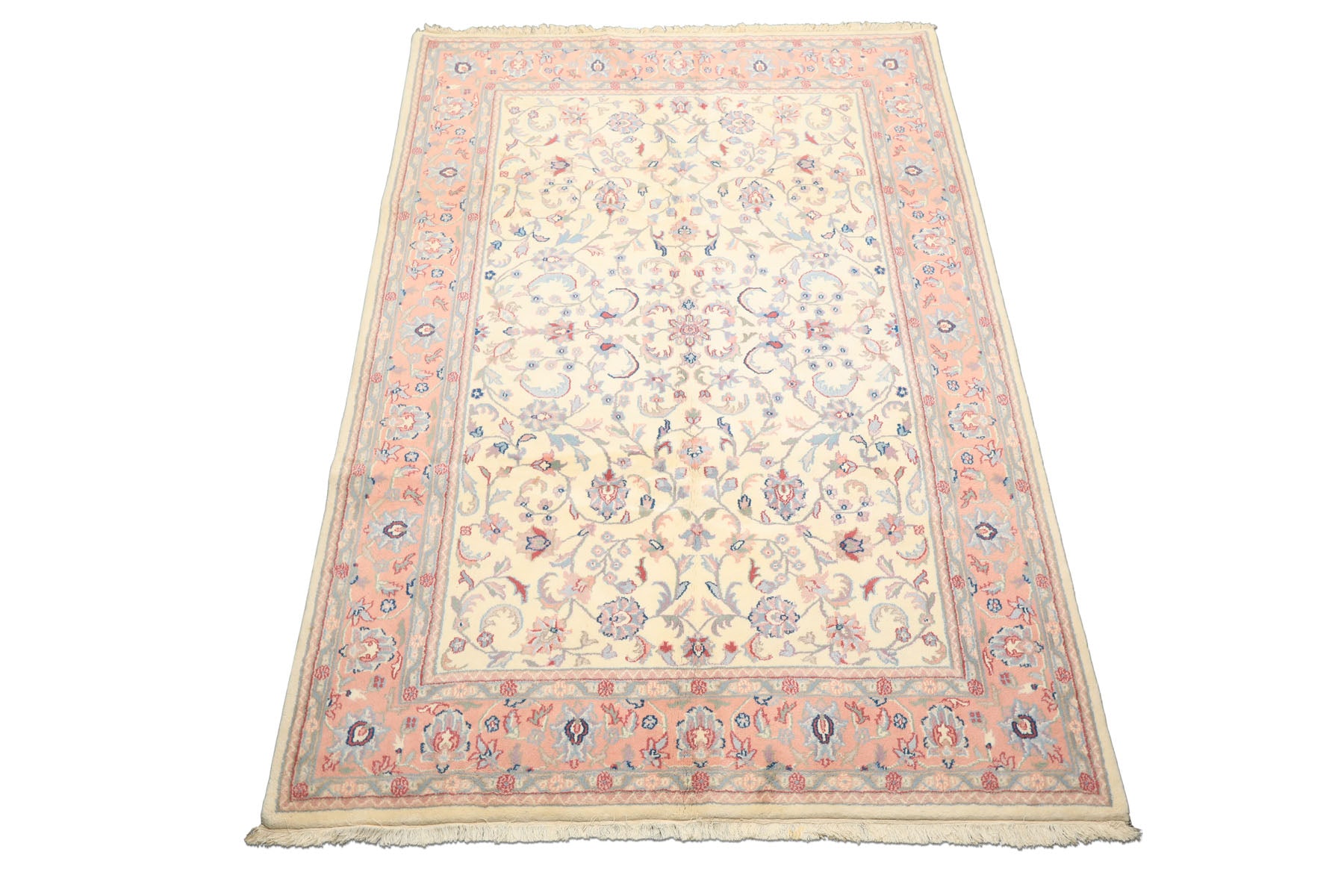6x9 Ivory, Blush, Aqua Color Hand Knotted Indo Kashan Wool Traditional Oriental Rug