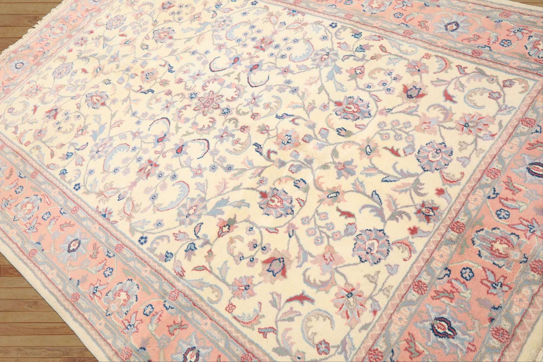 6x9 Ivory, Blush, Aqua Color Hand Knotted Indo Kashan Wool Traditional Oriental Rug