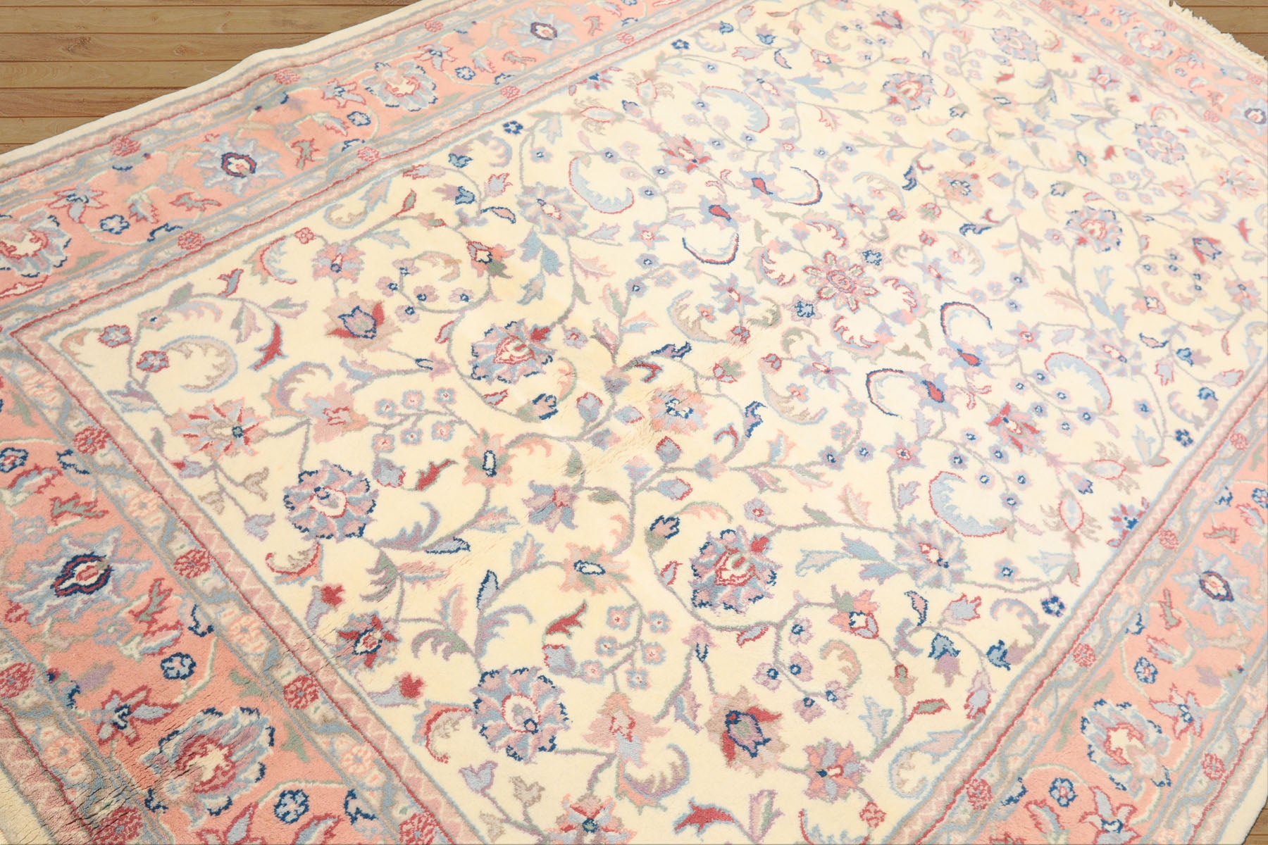 6x9 Ivory, Blush, Aqua Color Hand Knotted Indo Kashan Wool Traditional Oriental Rug