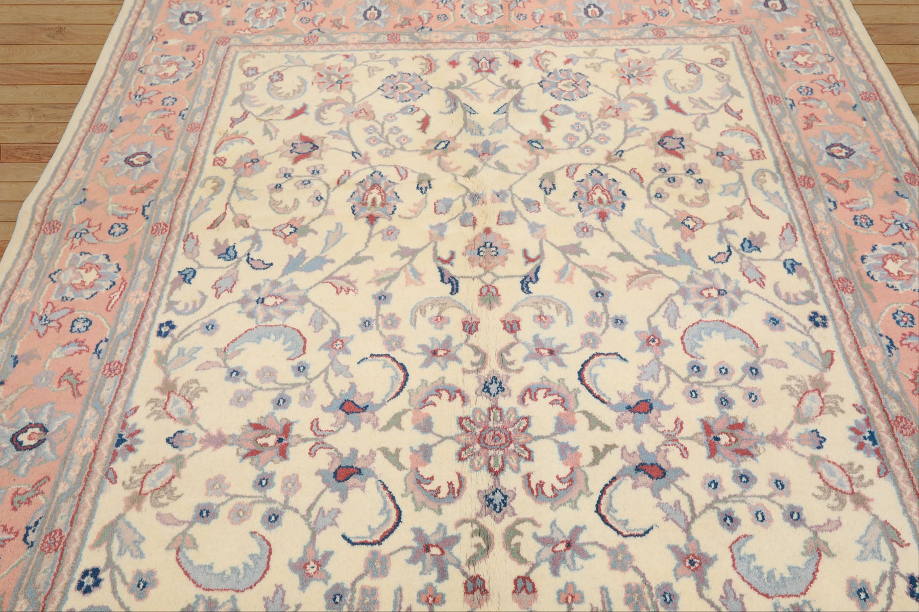 6x9 Ivory, Blush, Aqua Color Hand Knotted Indo Kashan Wool Traditional Oriental Rug