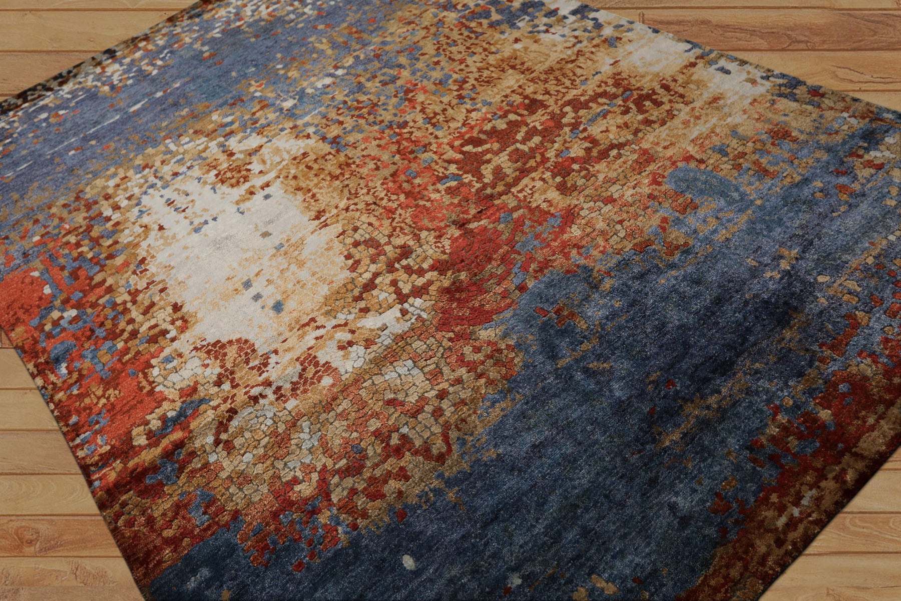 6x9 Blue, Coral, Tan Color Hand Loomed Sherpa Wool & Bamboo Silk Modern Oriental Rug