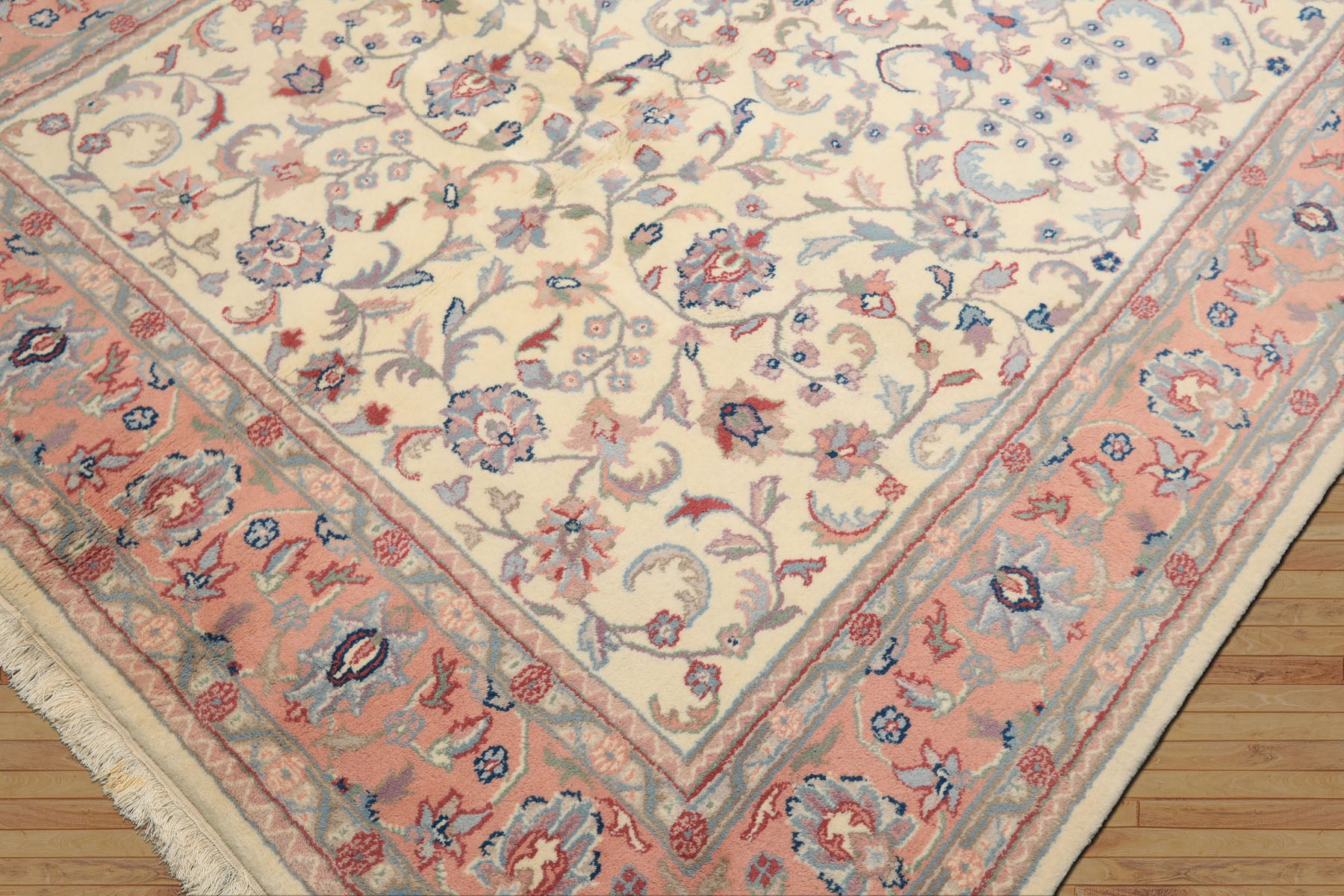6x9 Ivory, Blush, Aqua Color Hand Knotted Indo Kashan Wool Traditional Oriental Rug