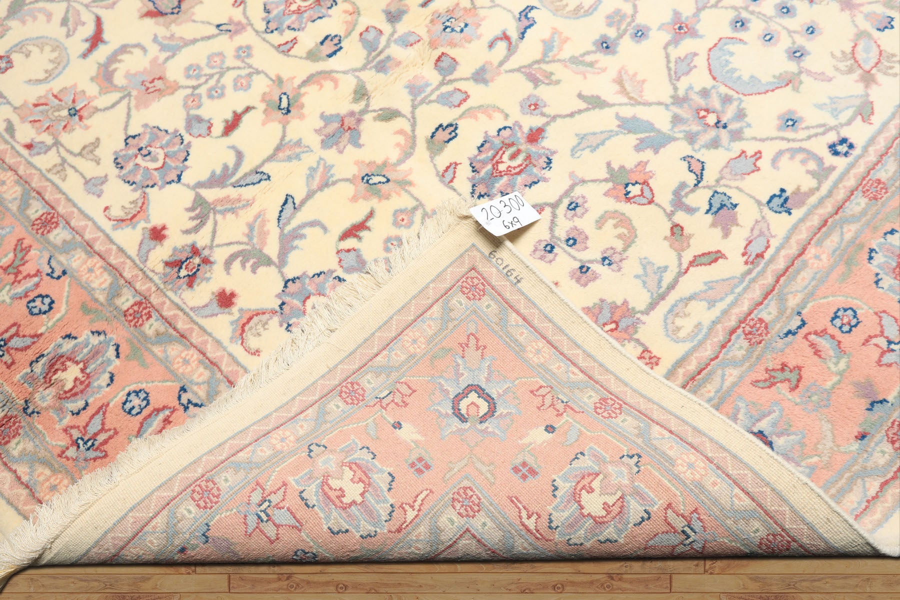 6x9 Ivory, Blush, Aqua Color Hand Knotted Indo Kashan Wool Traditional Oriental Rug