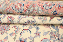 6x9 Ivory, Blush, Aqua Color Hand Knotted Indo Kashan Wool Traditional Oriental Rug