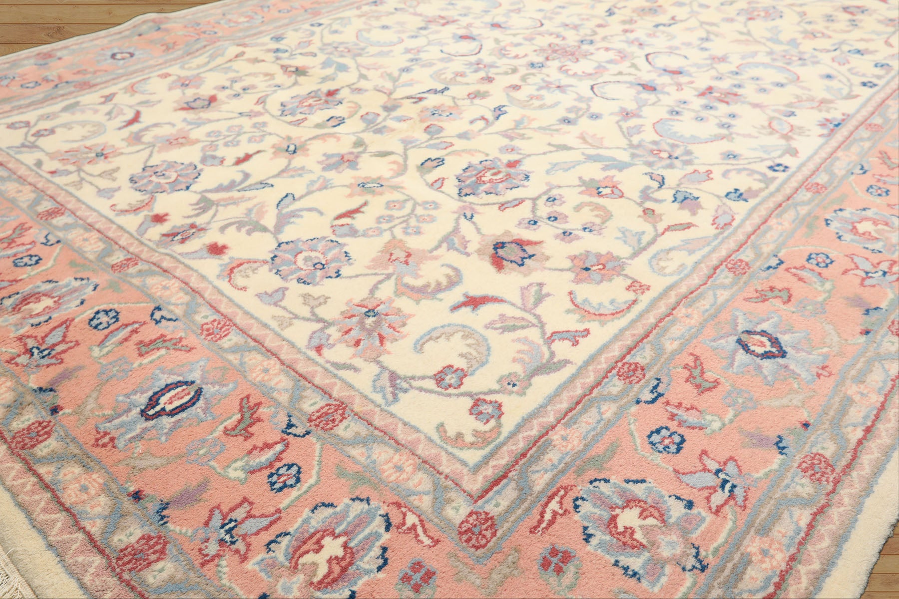 6x9 Ivory, Blush, Aqua Color Hand Knotted Indo Kashan Wool Traditional Oriental Rug