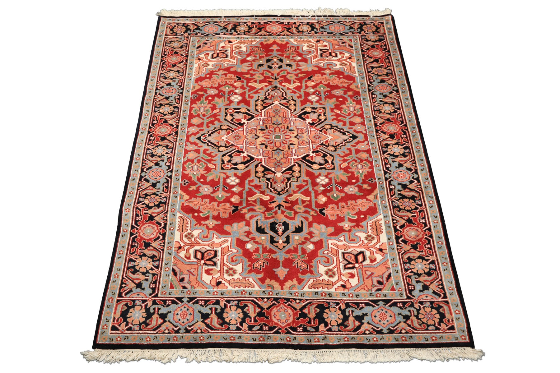 6x9 Red, Aqua, Blush Color Hand Knotted Indo Heriz Wool Traditional Oriental Rug
