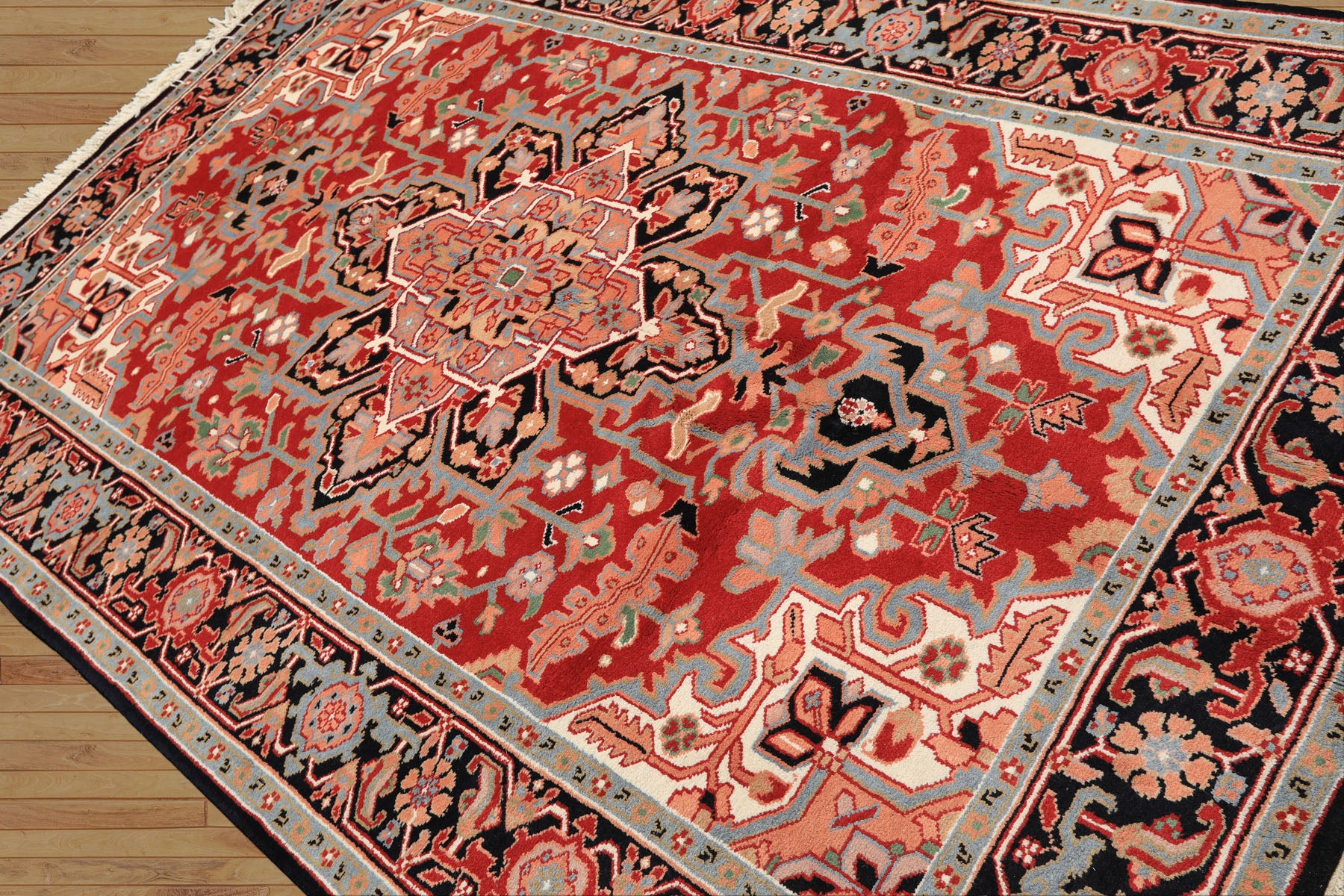 6x9 Red, Aqua, Blush Color Hand Knotted Indo Heriz Wool Traditional Oriental Rug