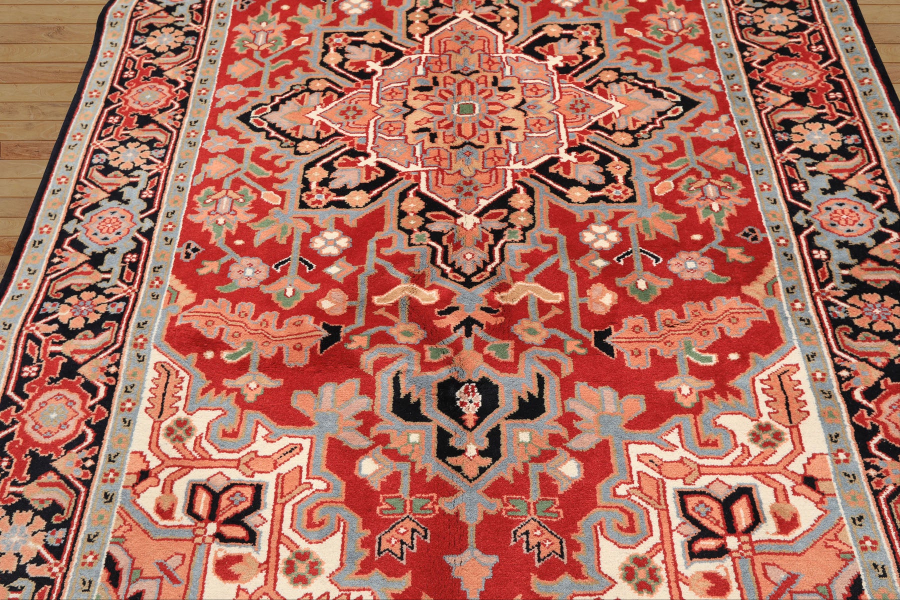 6x9 Red, Aqua, Blush Color Hand Knotted Indo Heriz Wool Traditional Oriental Rug