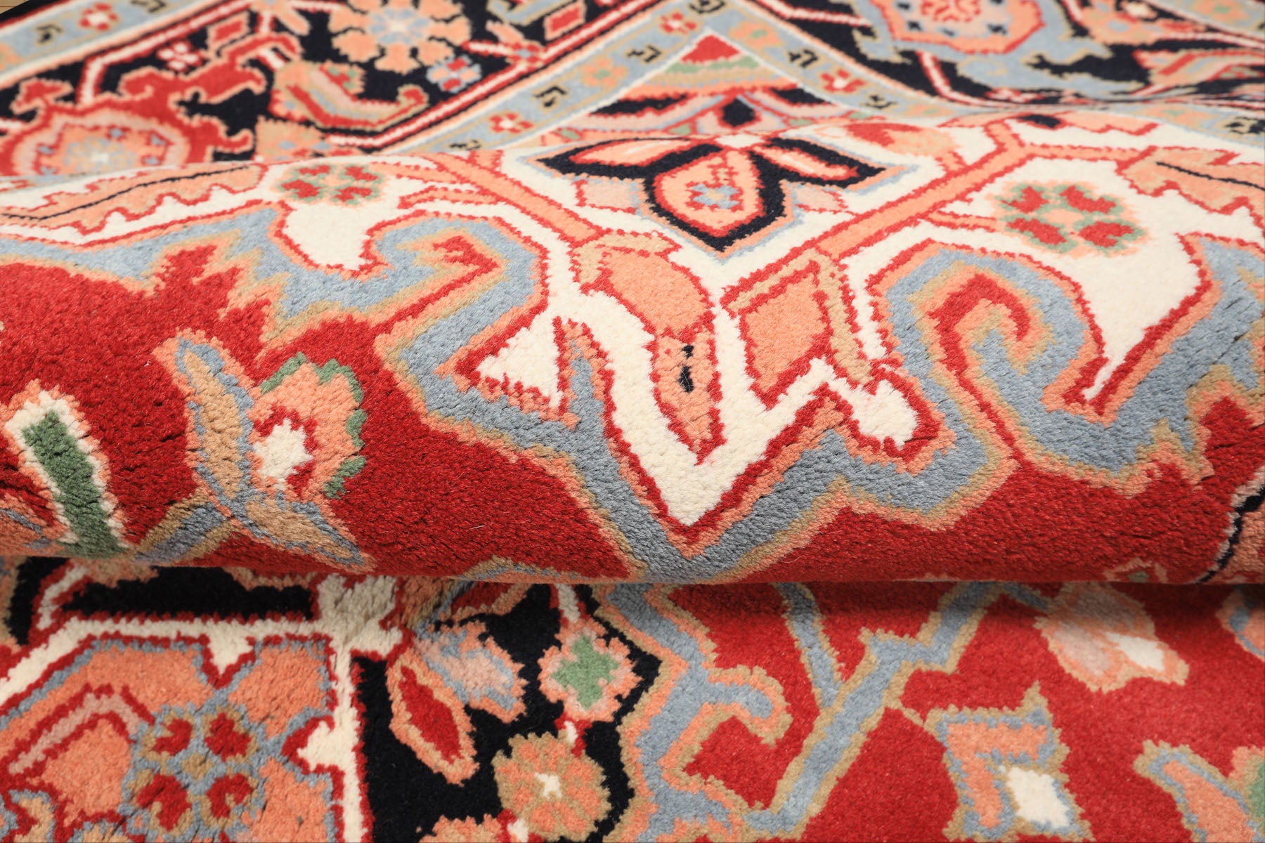 6x9 Red, Aqua, Blush Color Hand Knotted Indo Heriz Wool Traditional Oriental Rug