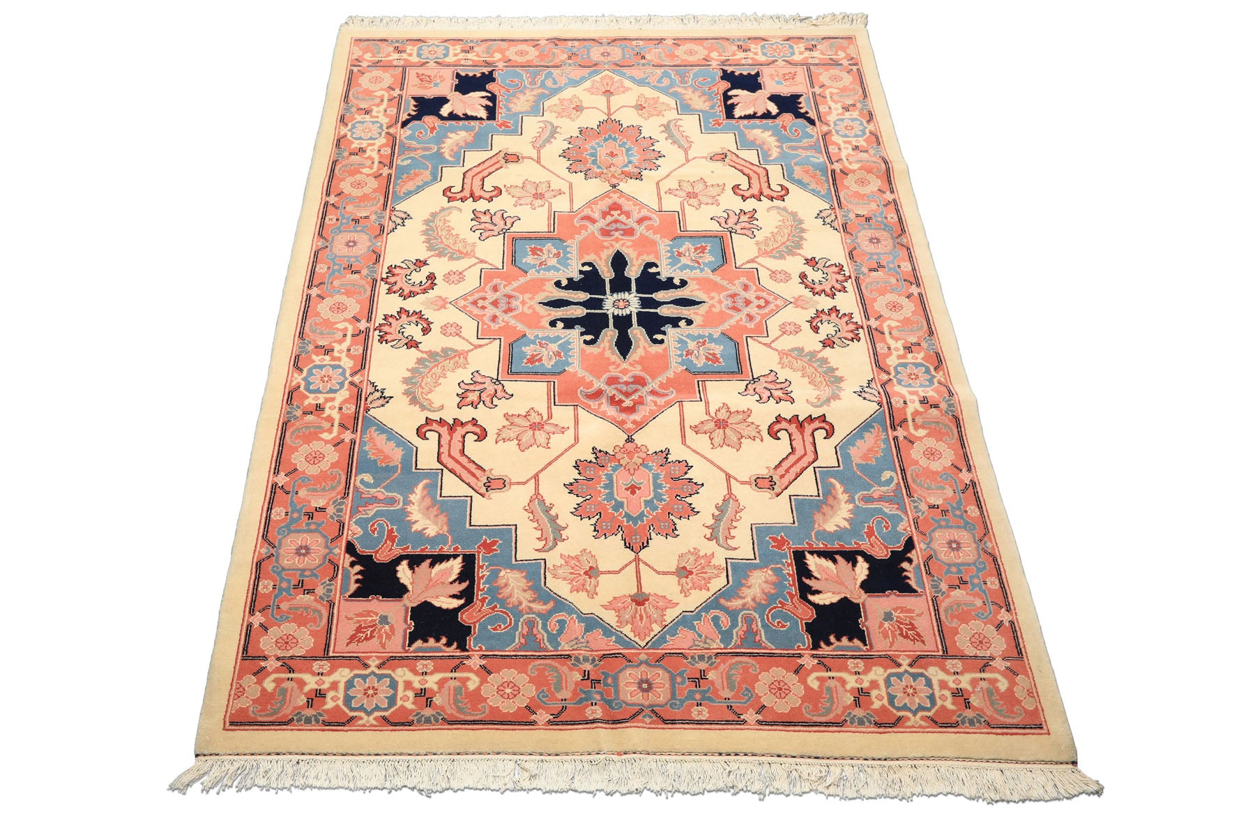 6x9 Ivory, Rose, Navy Color Hand Knotted Romanian Serapi Wool Traditional Oriental Rug