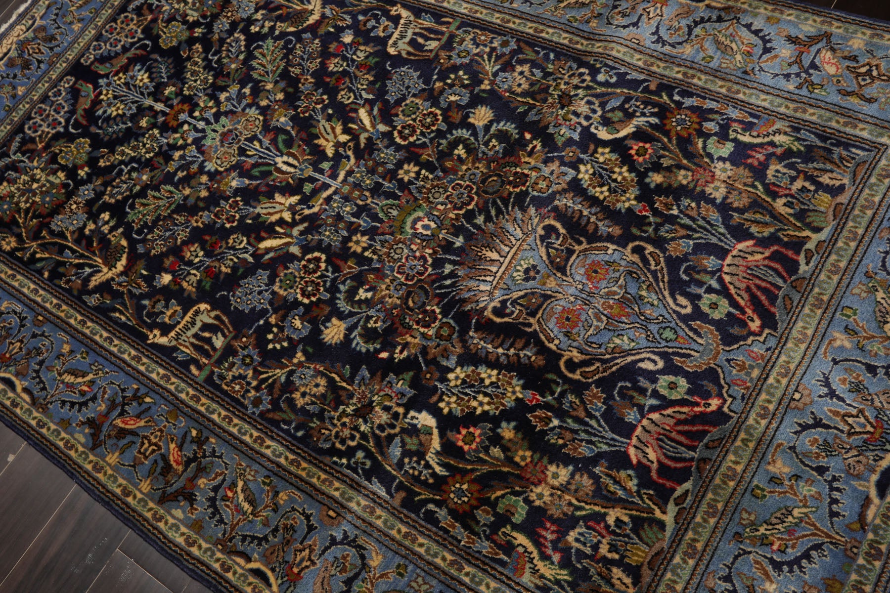 4x7 Navy, Ivory, blue Color Hand Knotted Kashan Wool Traditional Oriental Rug