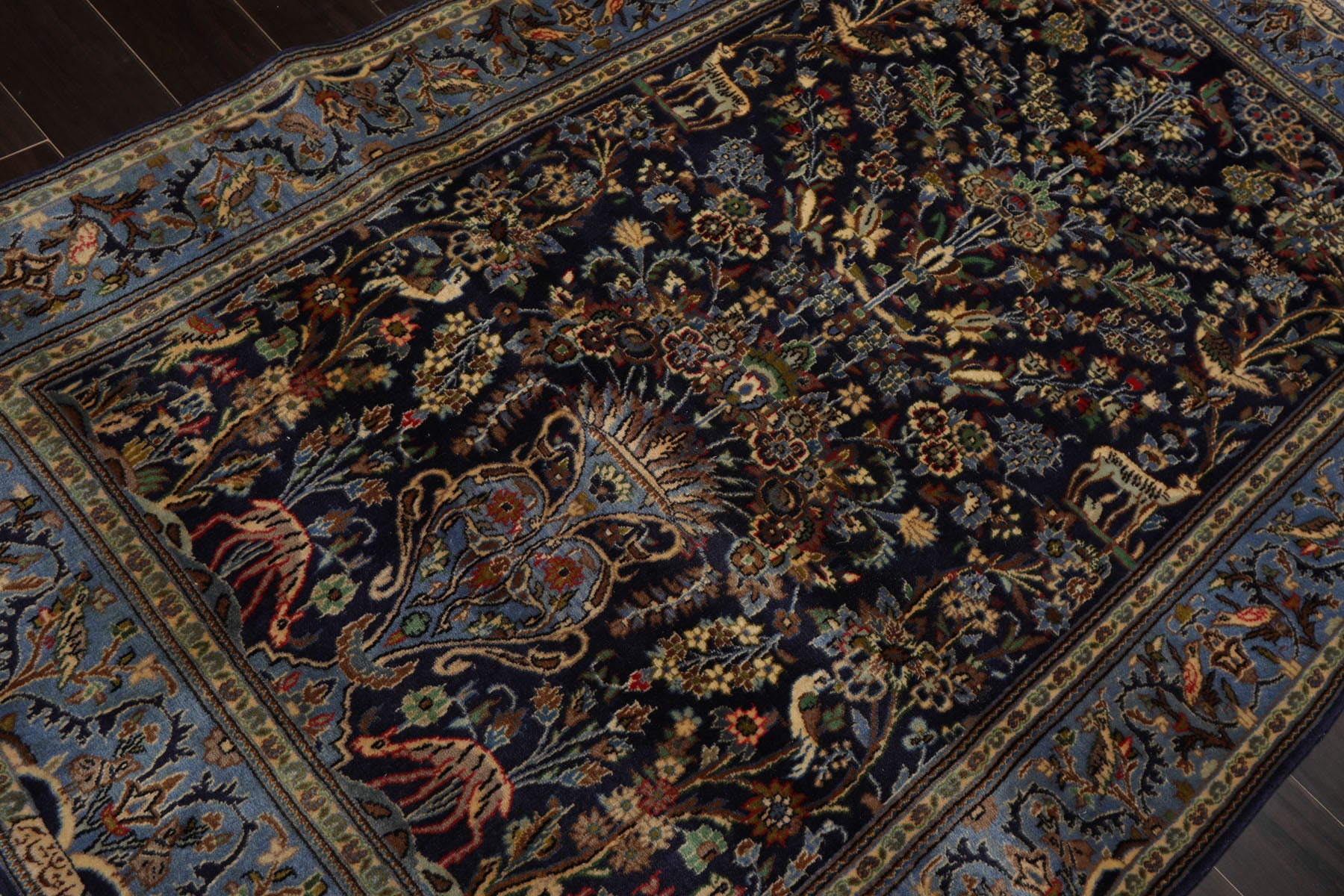 4x7 Navy, Ivory, blue Color Hand Knotted Kashan Wool Traditional Oriental Rug