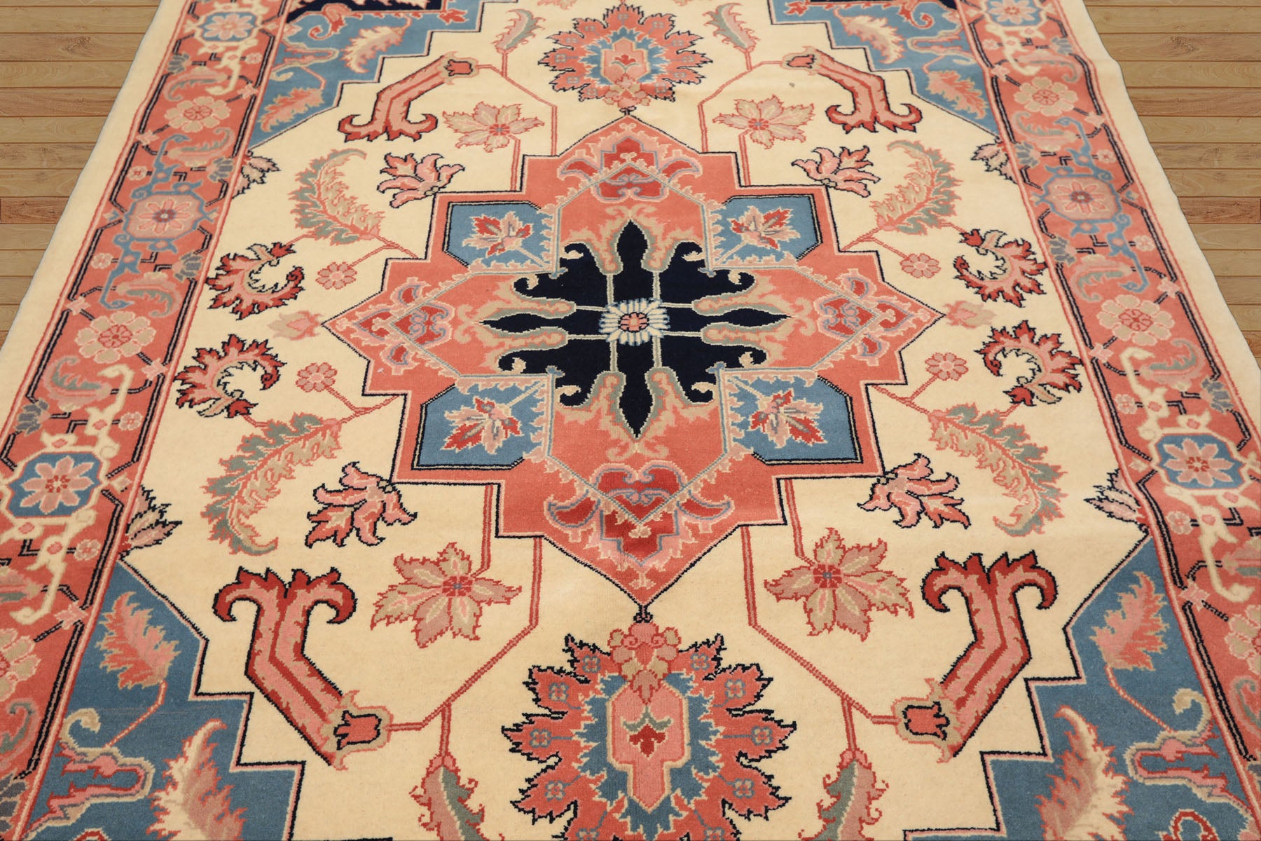 6x9 Ivory, Rose, Navy Color Hand Knotted Romanian Serapi Wool Traditional Oriental Rug