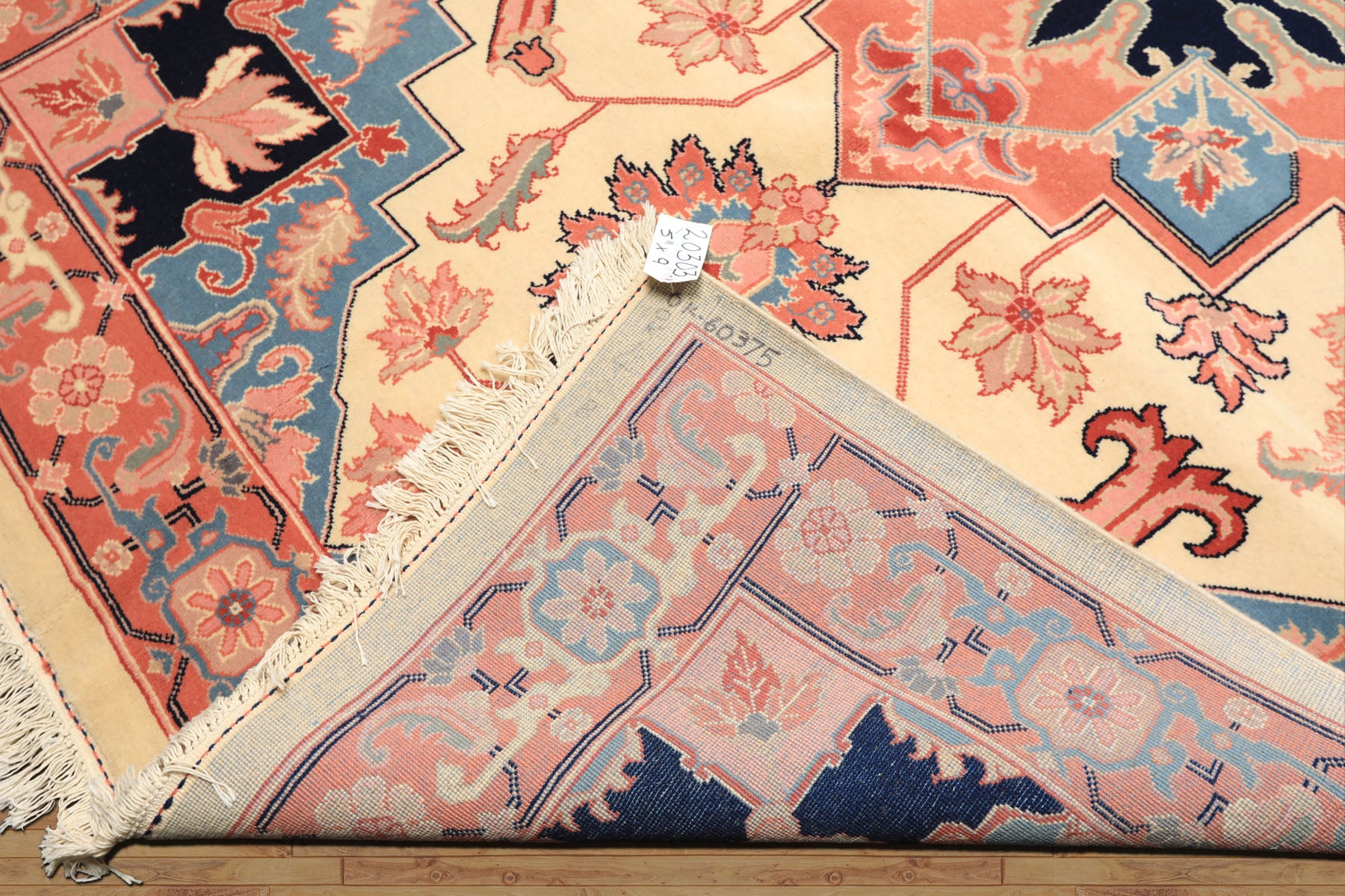 6x9 Ivory, Rose, Navy Color Hand Knotted Romanian Serapi Wool Traditional Oriental Rug