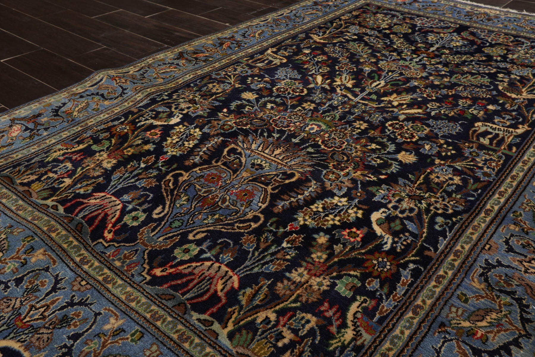 4x7 Navy, Ivory, blue Color Hand Knotted Kashan Wool Traditional Oriental Rug