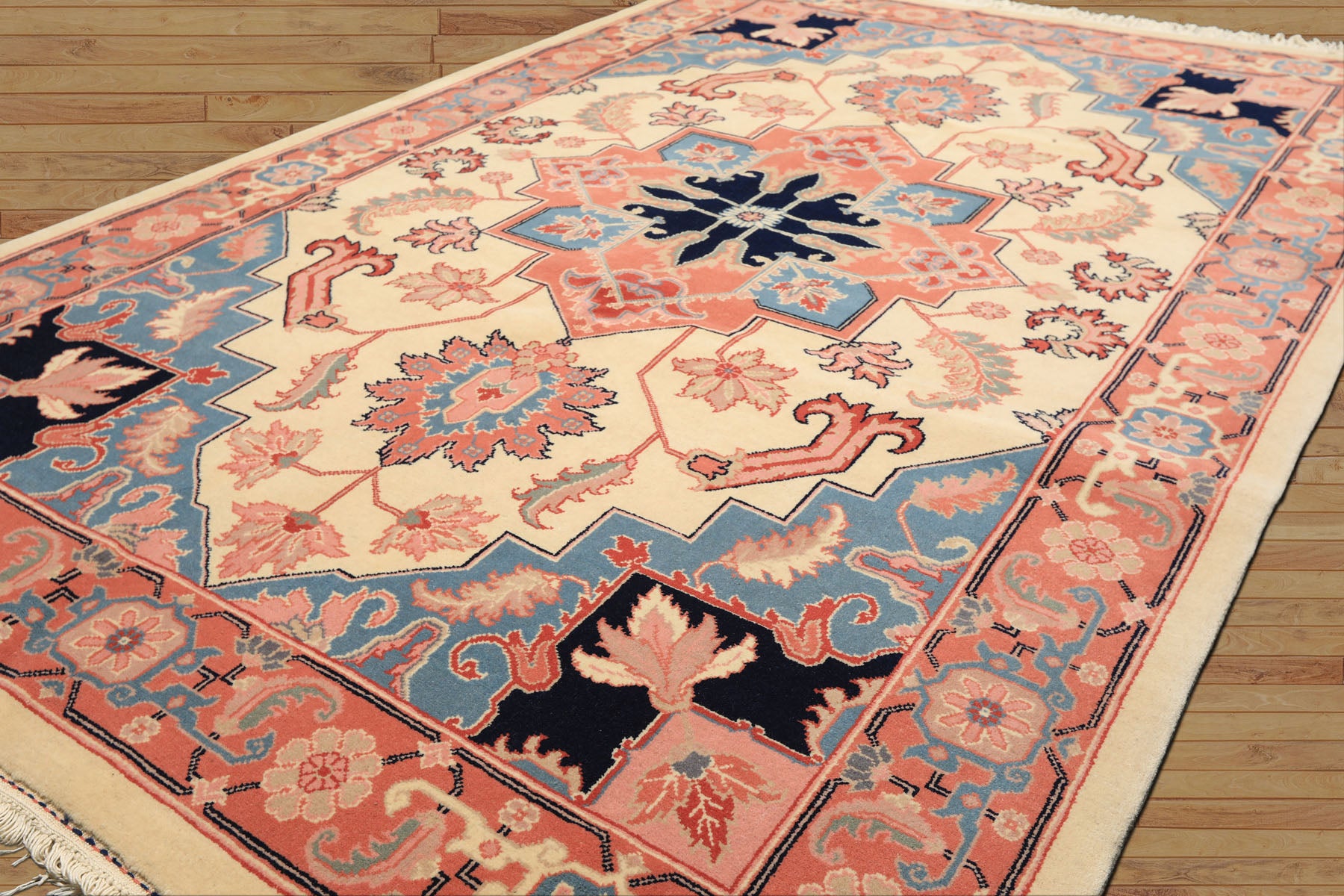 6x9 Ivory, Rose, Navy Color Hand Knotted Romanian Serapi Wool Traditional Oriental Rug