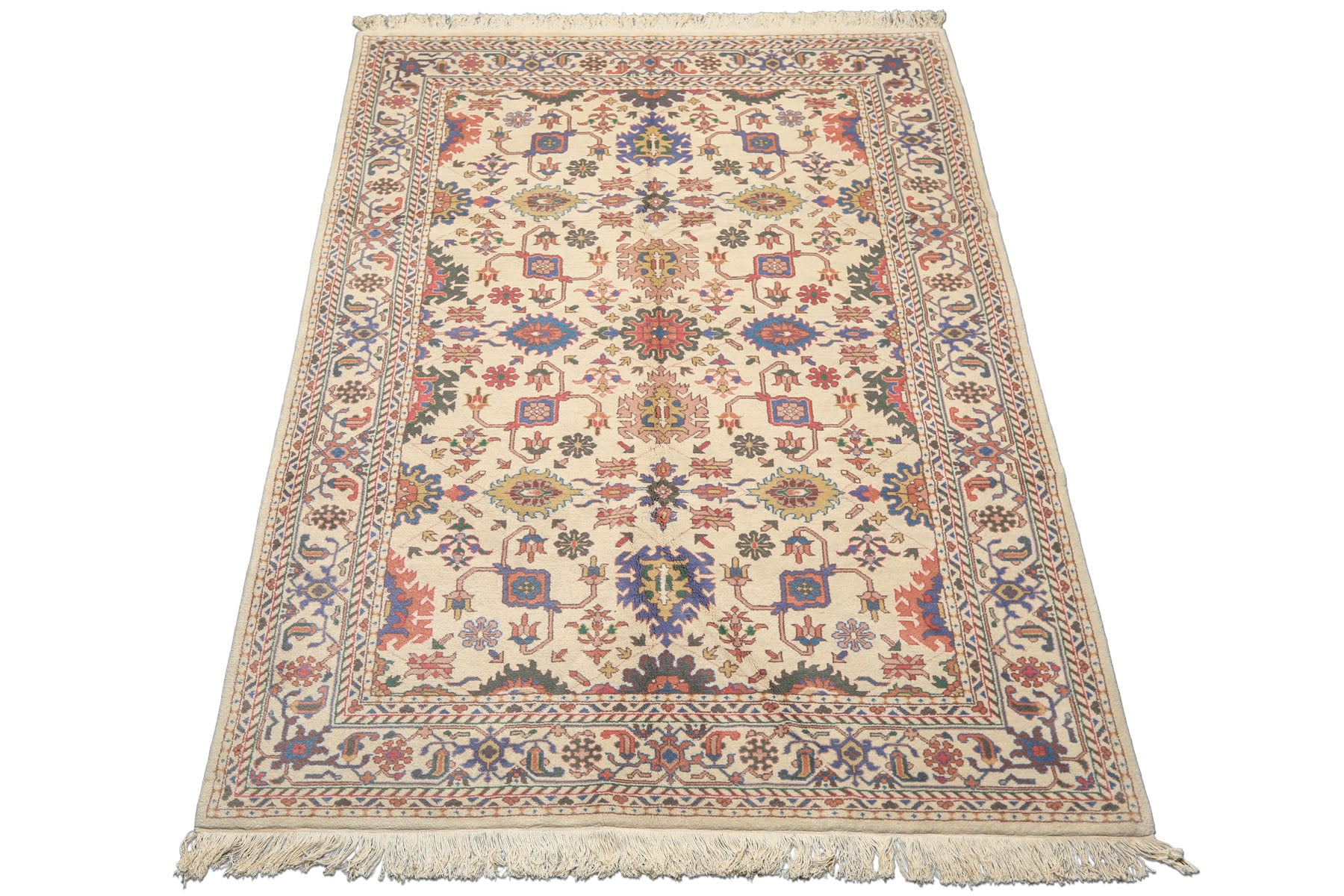 5x8 Ivory, Aqua, Lime Color Hand Knotted Oushak Wool Arts & Crafts Oriental Rug